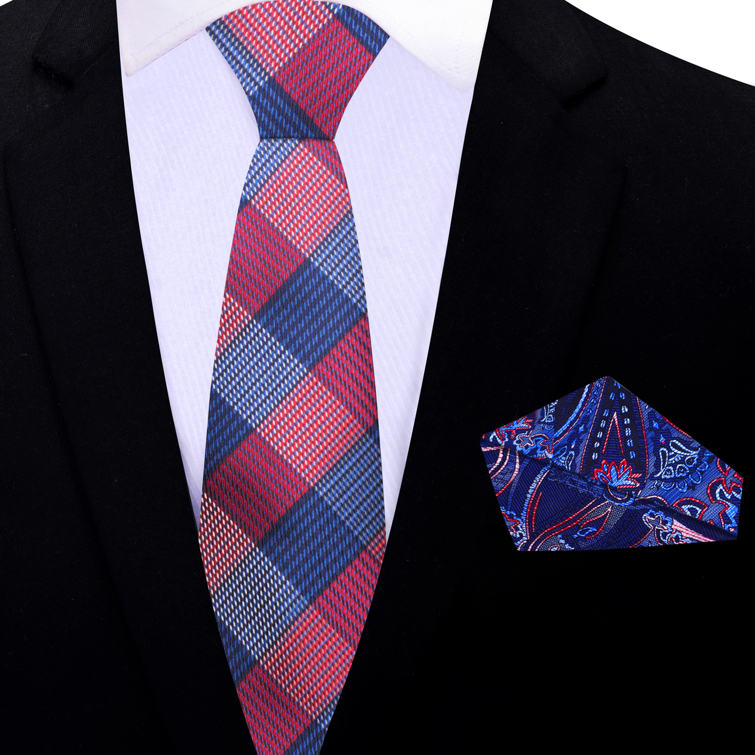 Thin Tie: Red and Blue Plaid Tie and Blue and Red Paisley Pocket Square