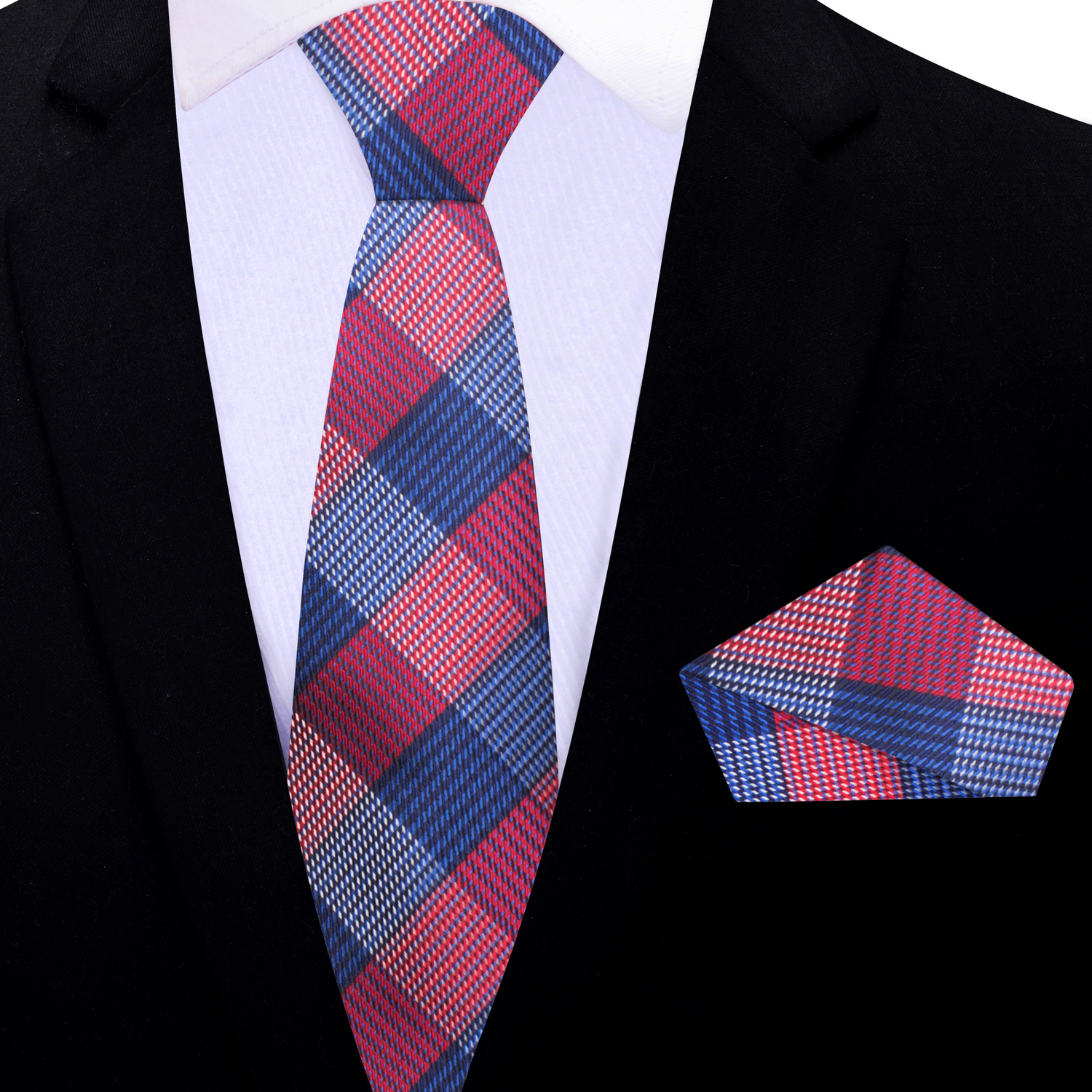 Thin Tie: Red and Blue Plaid Tie and Blue and Pocket Square