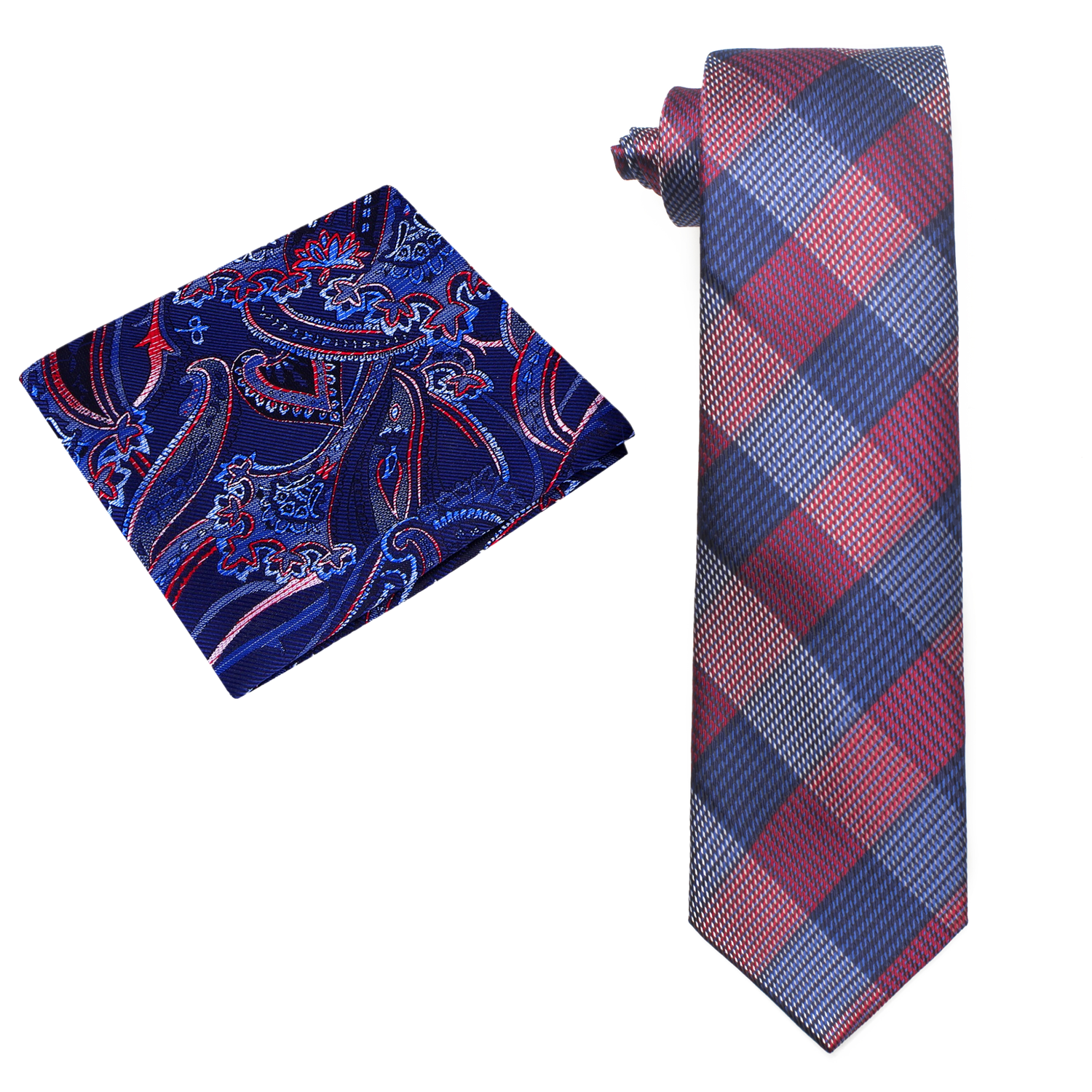 Alt View: Red and Blue Plaid Tie and Blue and Red Paisley Pocket Square