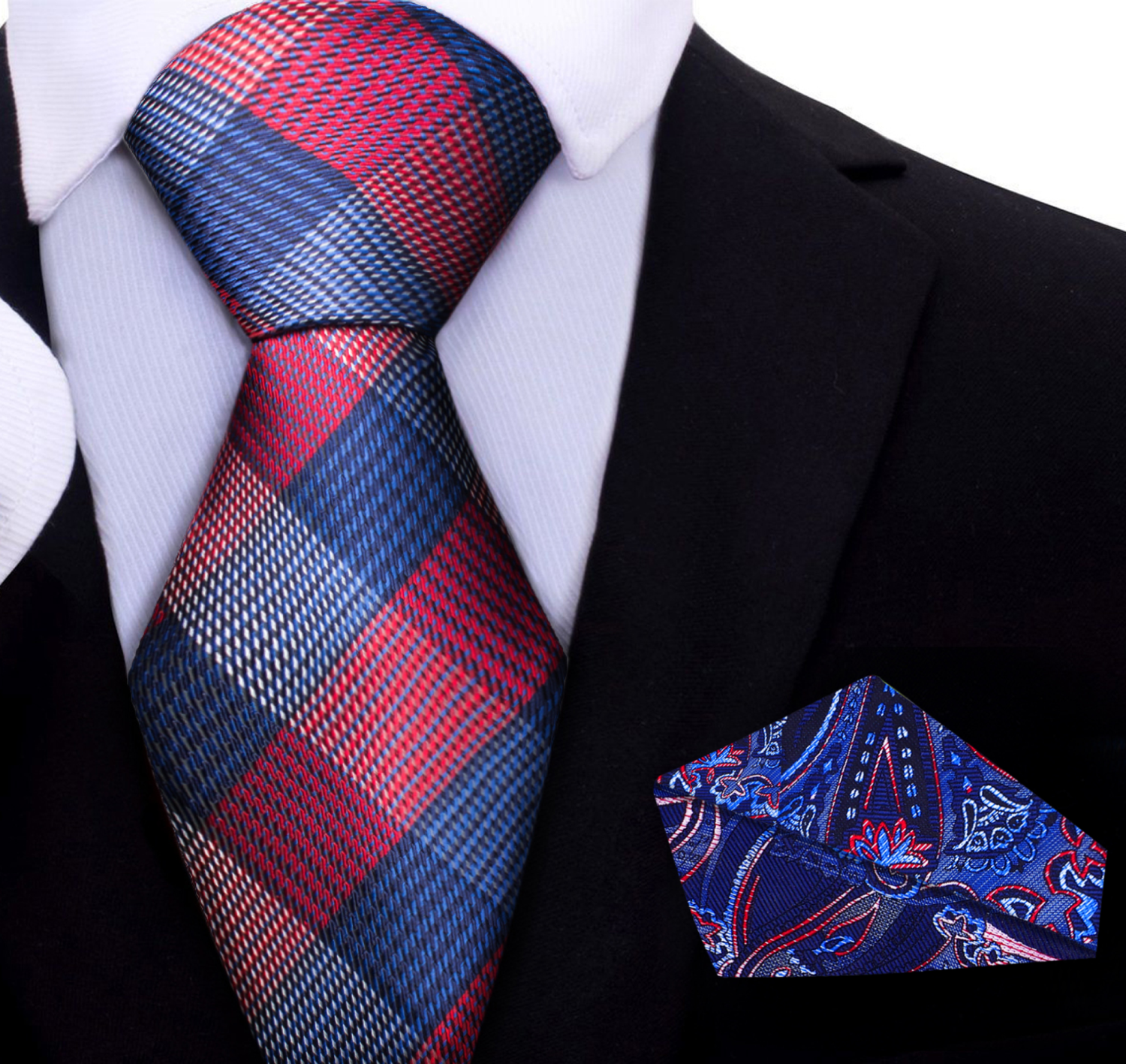 Red and Blue Plaid Tie and Blue and Red Paisley Pocket Square