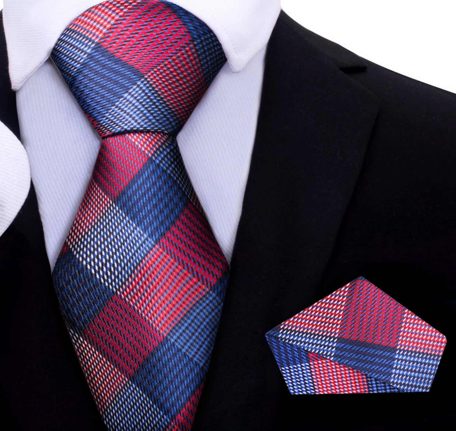 Red and Blue Plaid Tie and Blue and Pocket Square