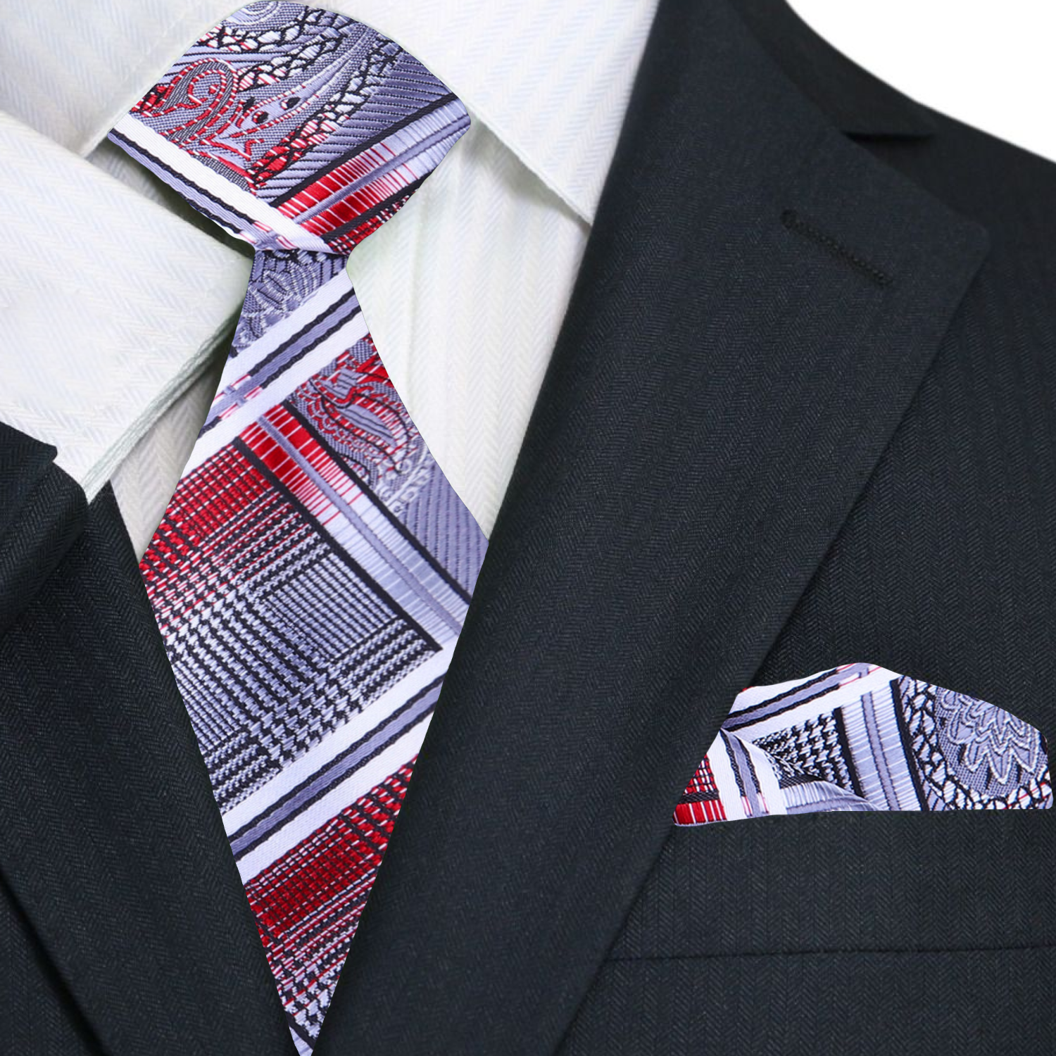 Primary A Red, Black, White, Grey Paisley Self Tie Necktie and Pocket Square
