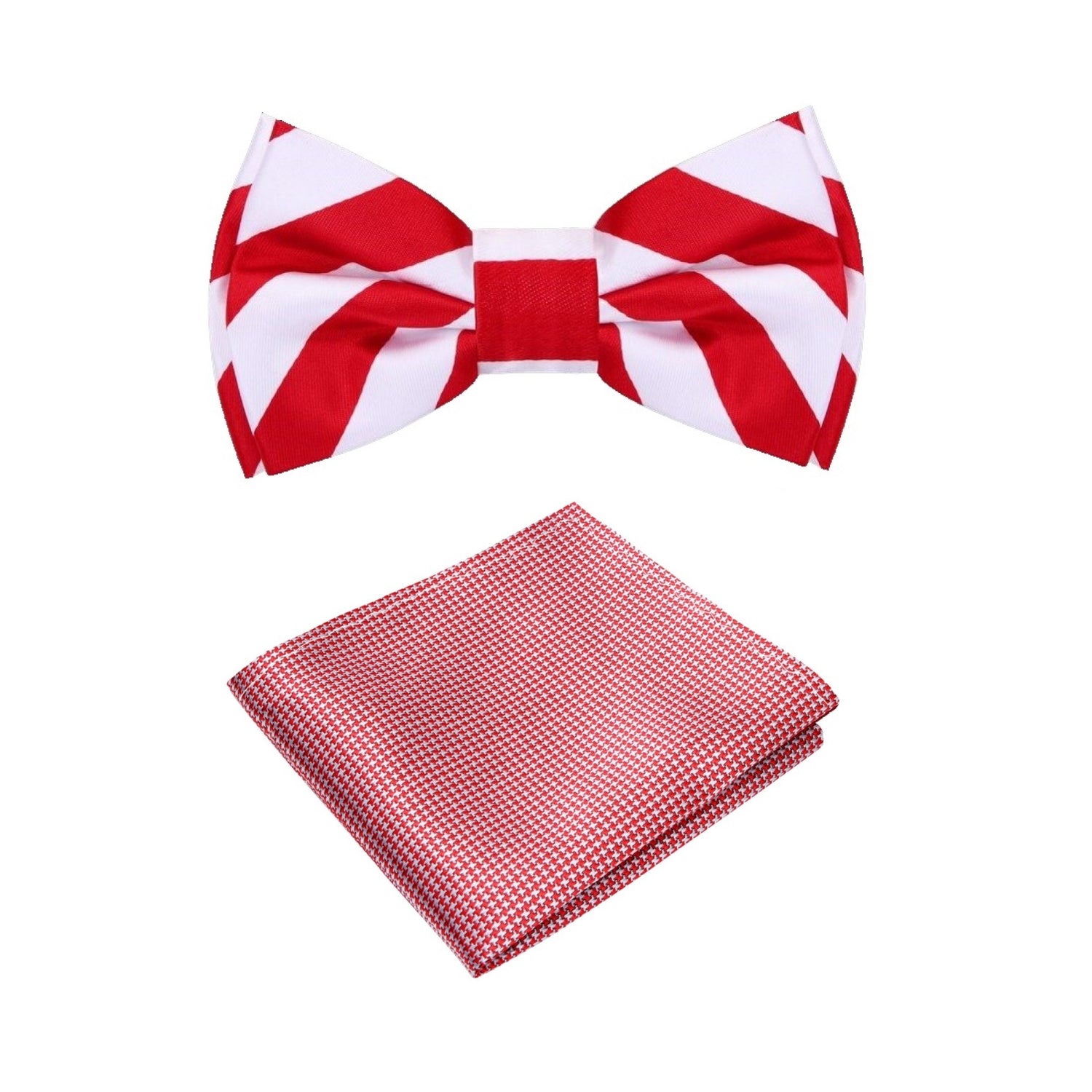 Red, White Block Stripe Bow Tie with Accenting Red Pocket Square