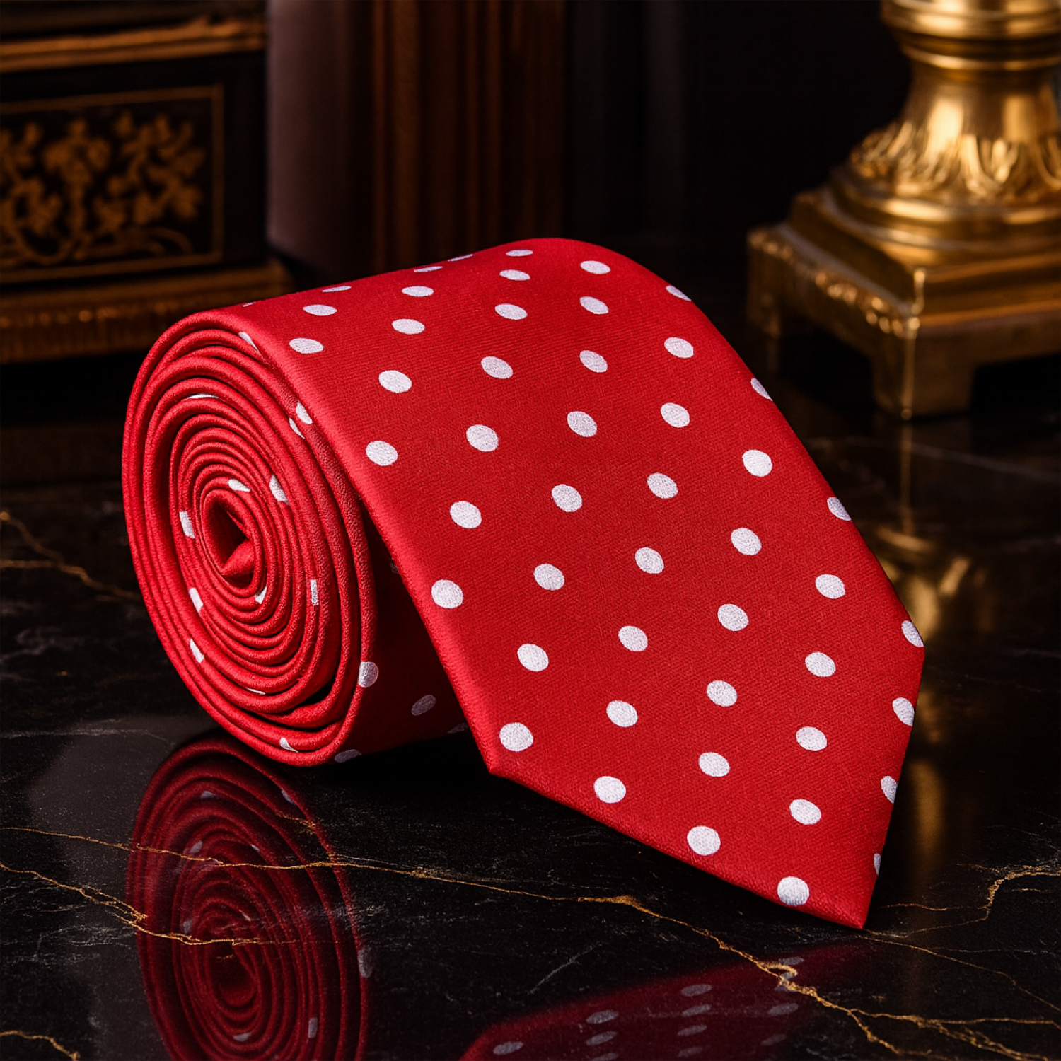 Red tie with white polka dots rolled up on a reflective surface