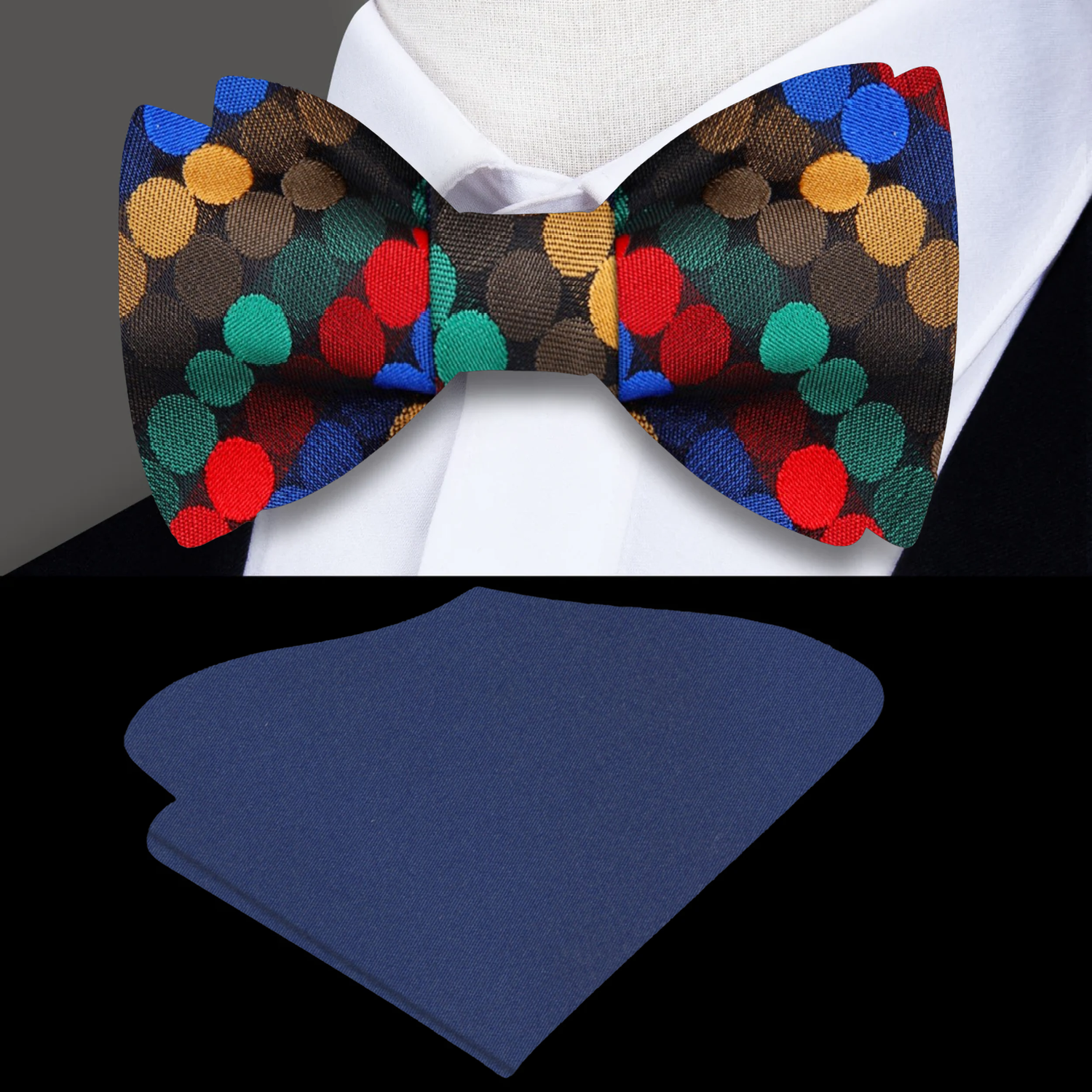 Red with Multi Colored Dots Silk Bow Tie and Dark Blue Square