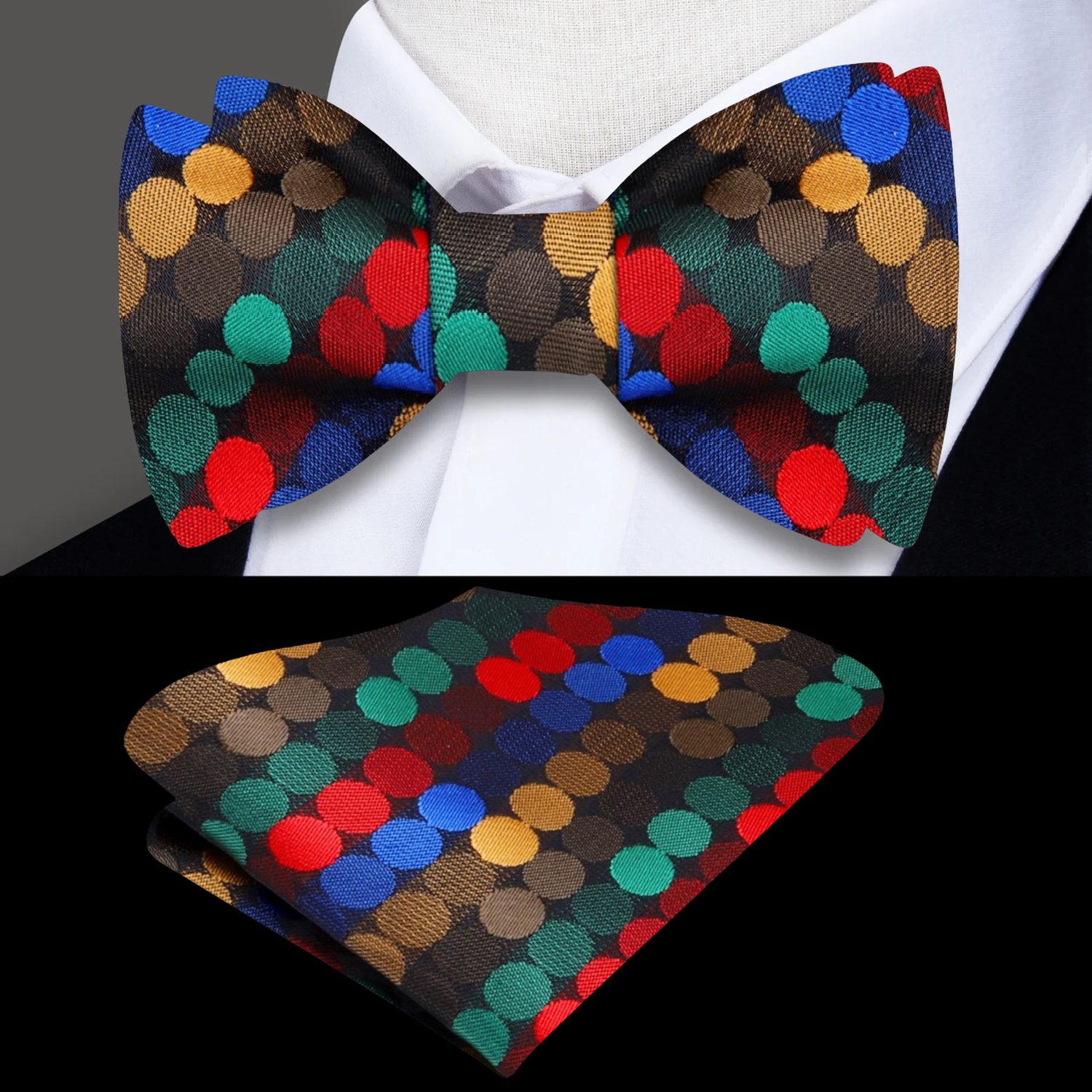 Red with Multi Colored Dots Silk Bow Tie and Square