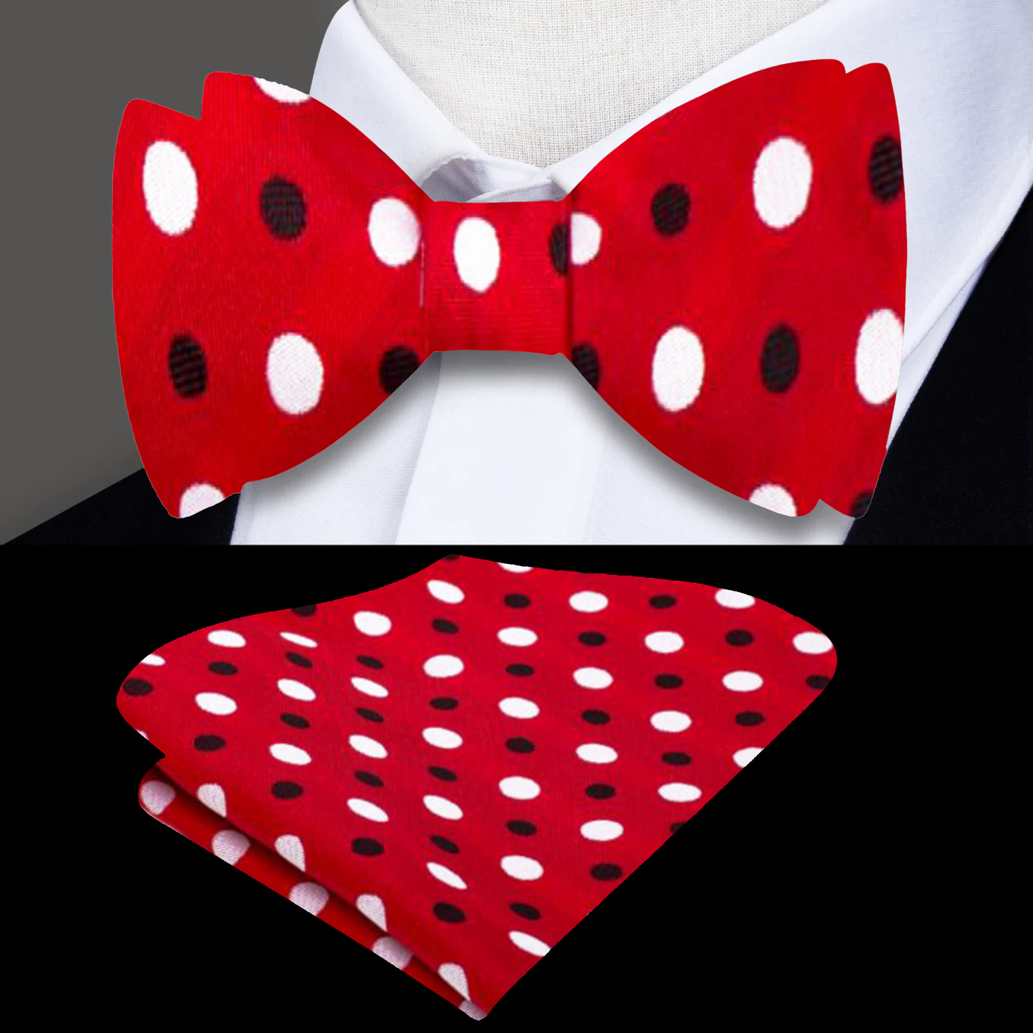 Red, White, Black Polka Bow Tie and Pocket Square