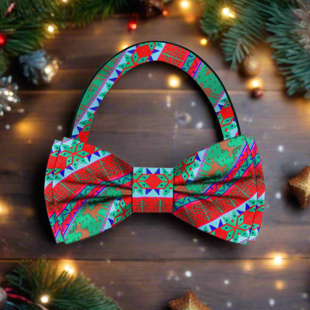 Red, Green, Brown Reindeer Pre Tied Bow Tie