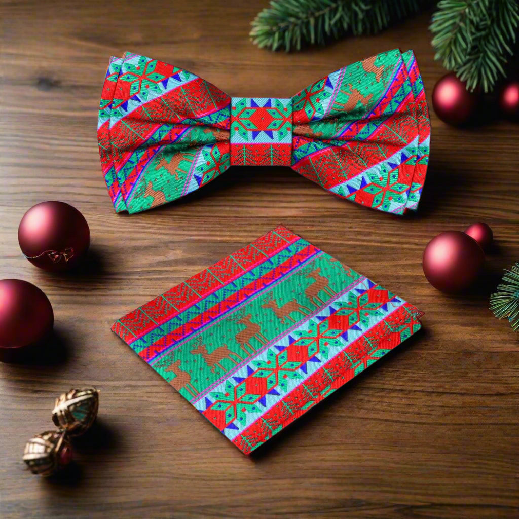 Red, Green, Brown Reindeer Bow Tie and Square
