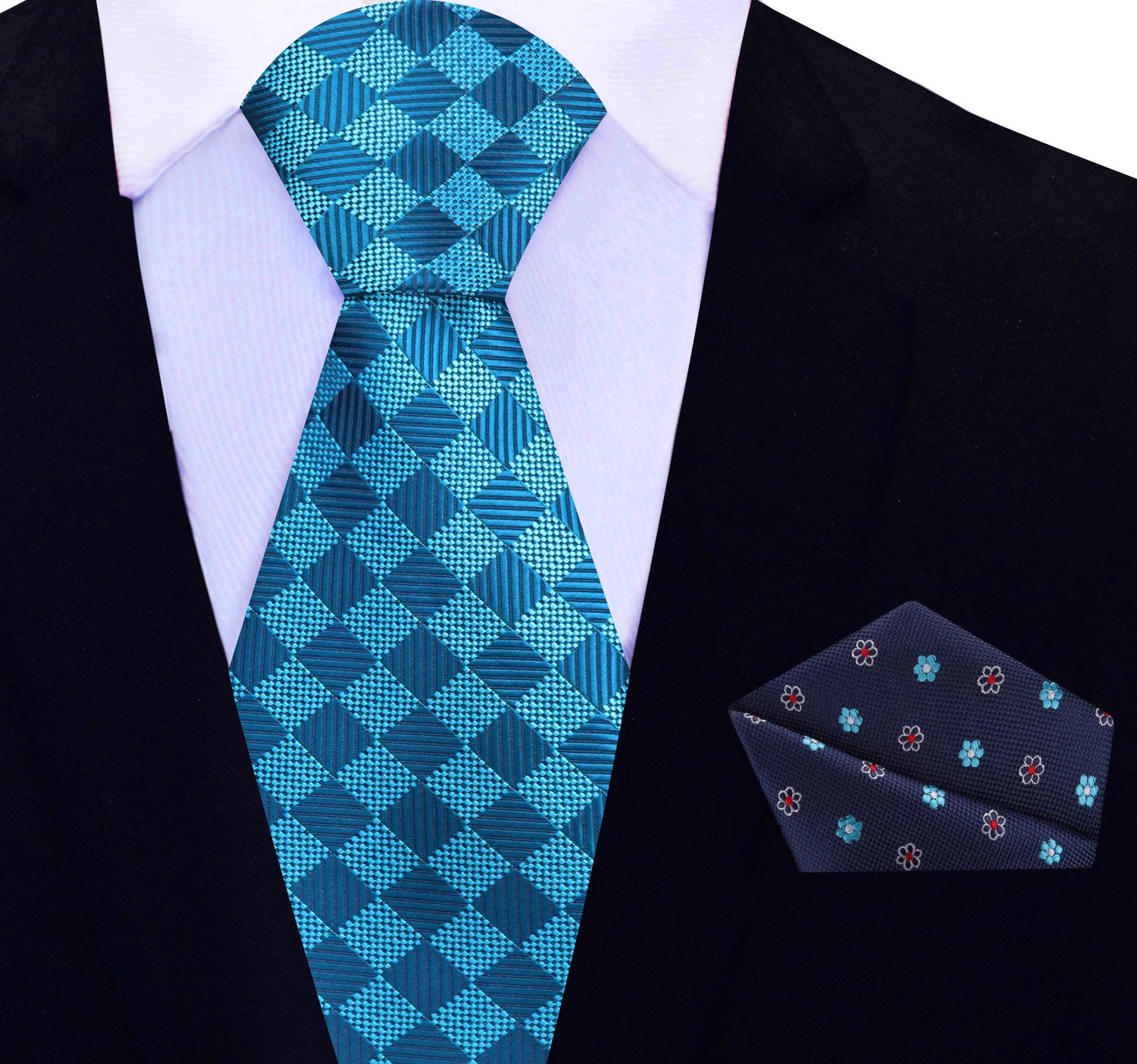 Rich Cyan Blue Geometric Diamonds Tie and Accenting Floral Square