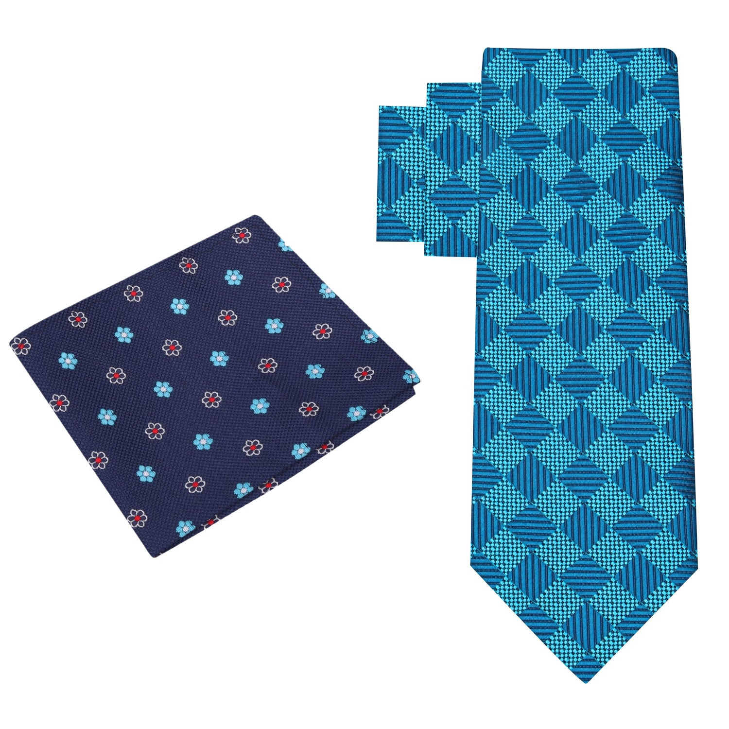 Alt View: Rich Cyan Blue Geometric Diamonds Tie and Accenting Floral Square
