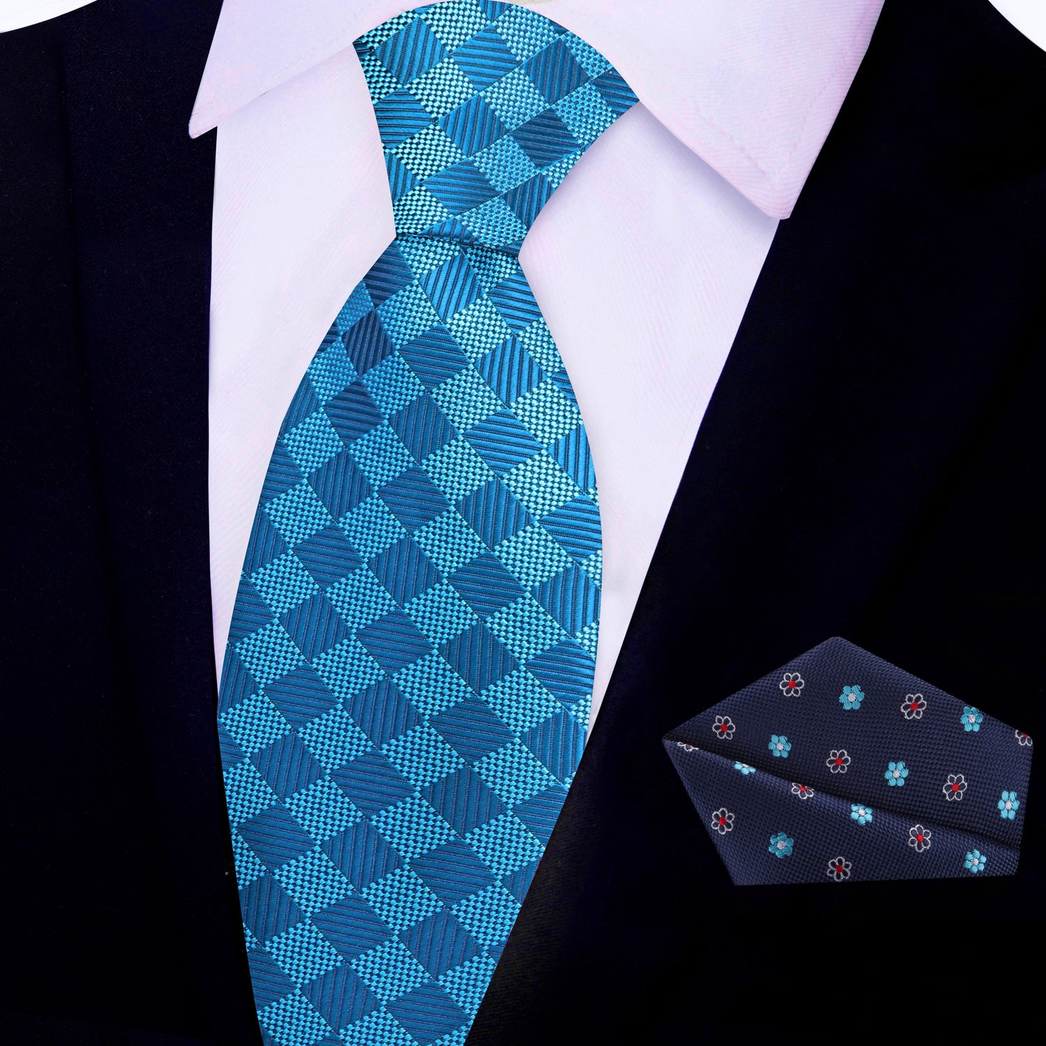 View 2: Rich Cyan Blue Geometric Diamonds Tie and Accenting Floral Square