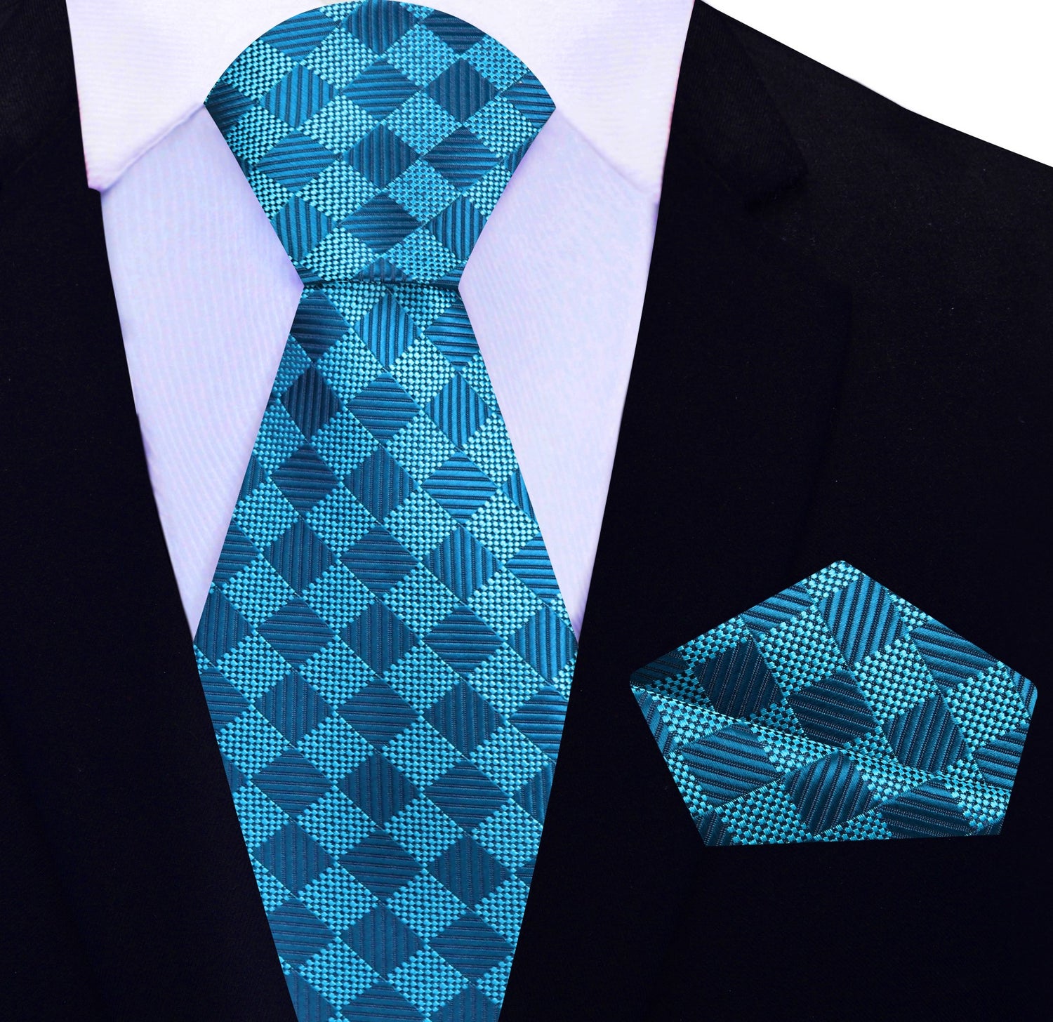 Rich Cyan Blue Geometric Diamonds Tie and Square