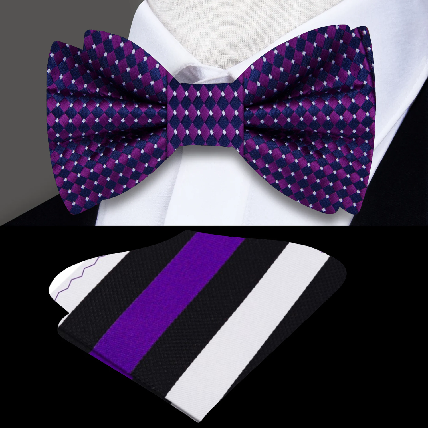 Purple Diamonds Bow Tie and Purple Black Stripe Pocket Square