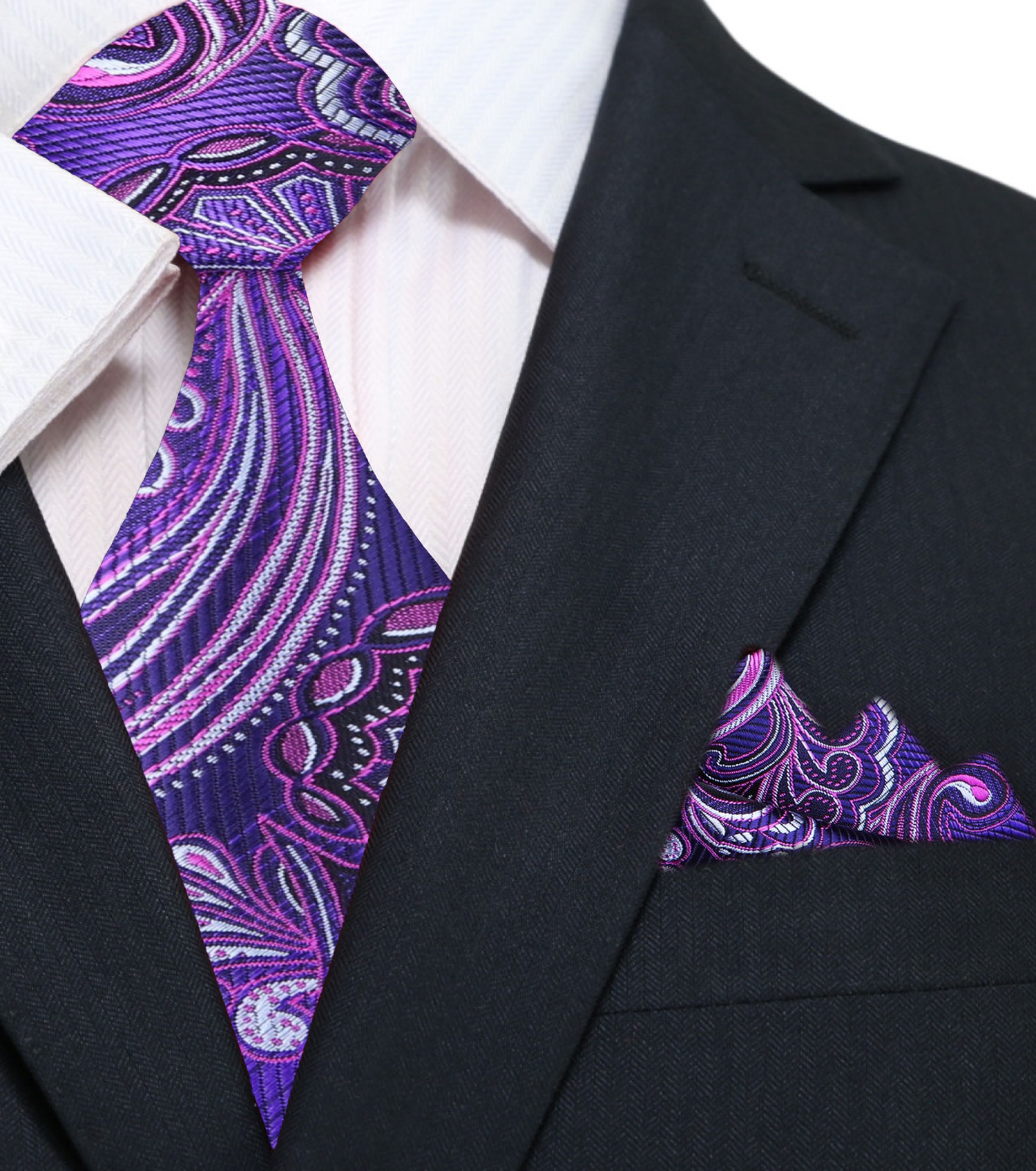 A Purple, Dark Purple Paisley Pattern Silk Necktie, Matching Silk Pocket Square