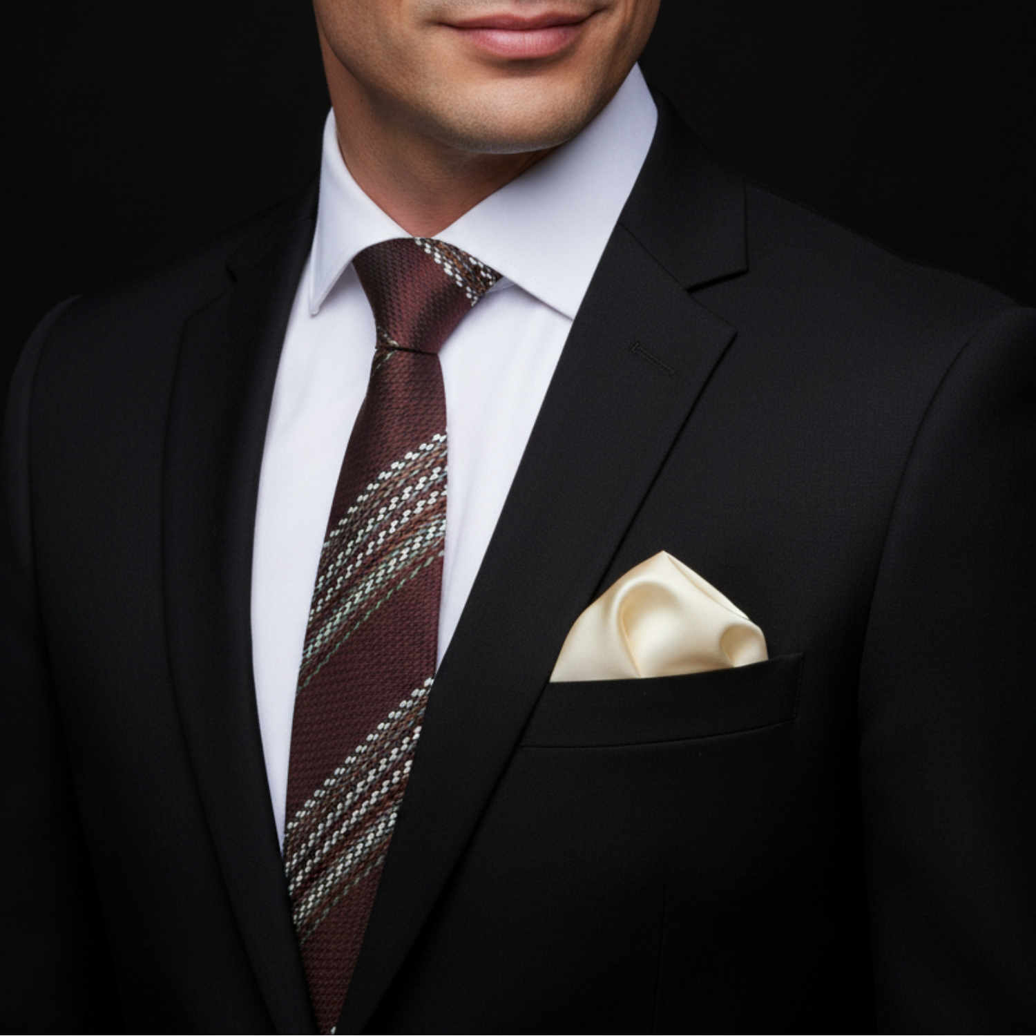 Man wearing a black suit with a patterned thin tie and white shirt on a black background