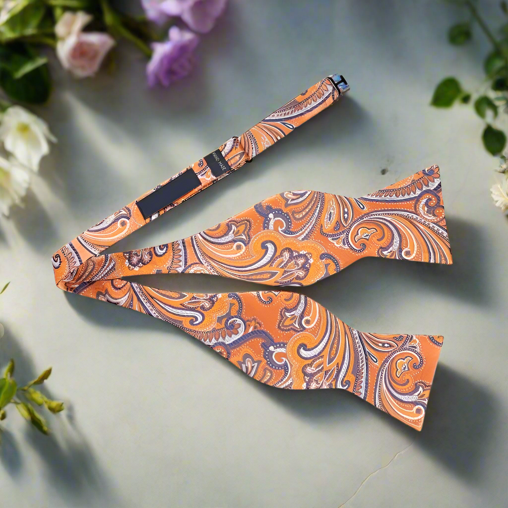 Orange, Purple and White Paisley Self Tie Bow Tie 