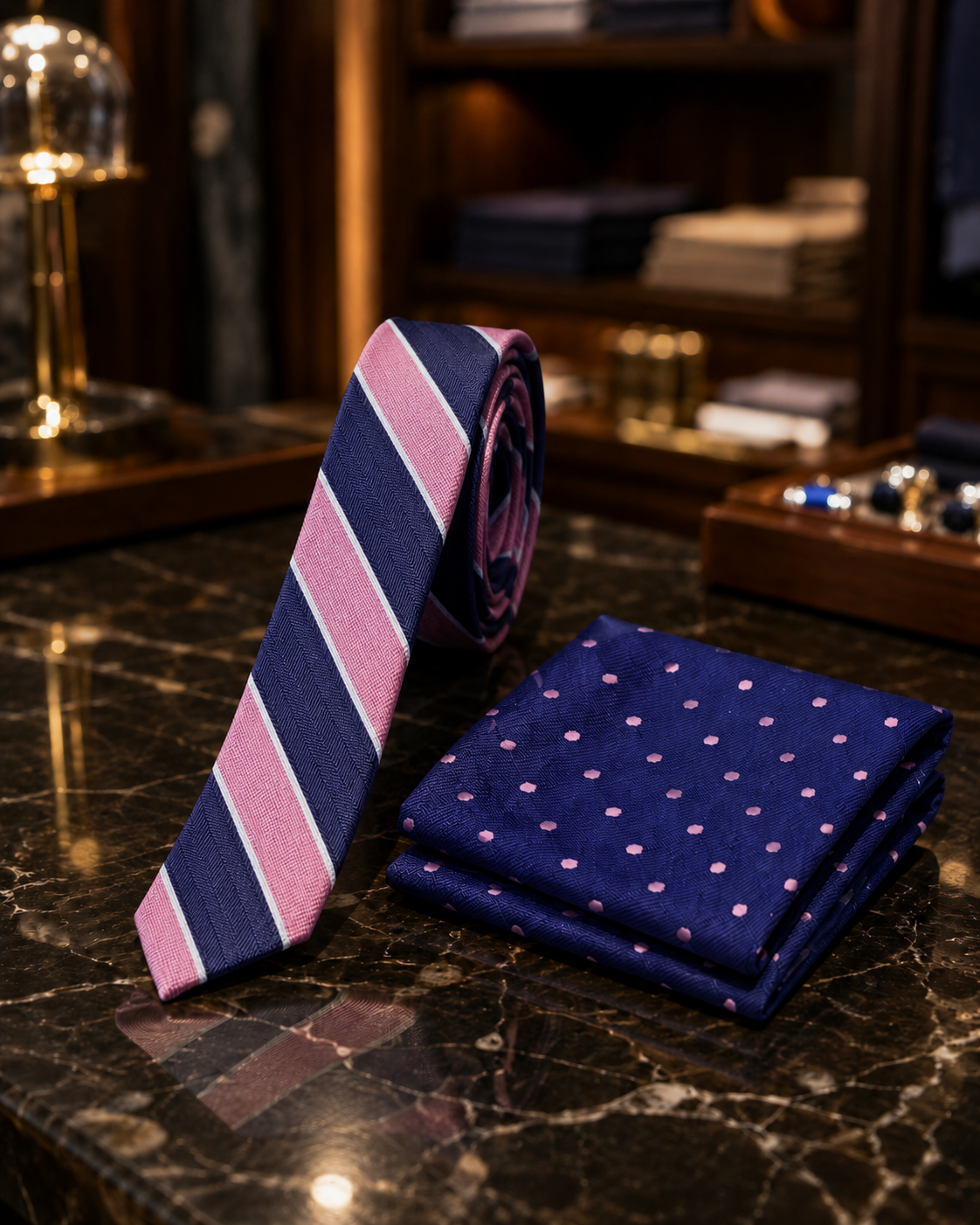 A men's necktie and matching pocket square set displayed on a dark marble surface in a luxury retail setting. The tie features diagonal stripes of navy blue, pink, and white, while the folded pocket square is navy blue with pink polka dots.