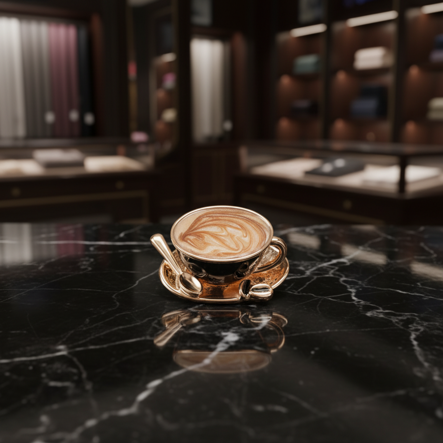 small cup lapel pin with coffee and beans with spoon