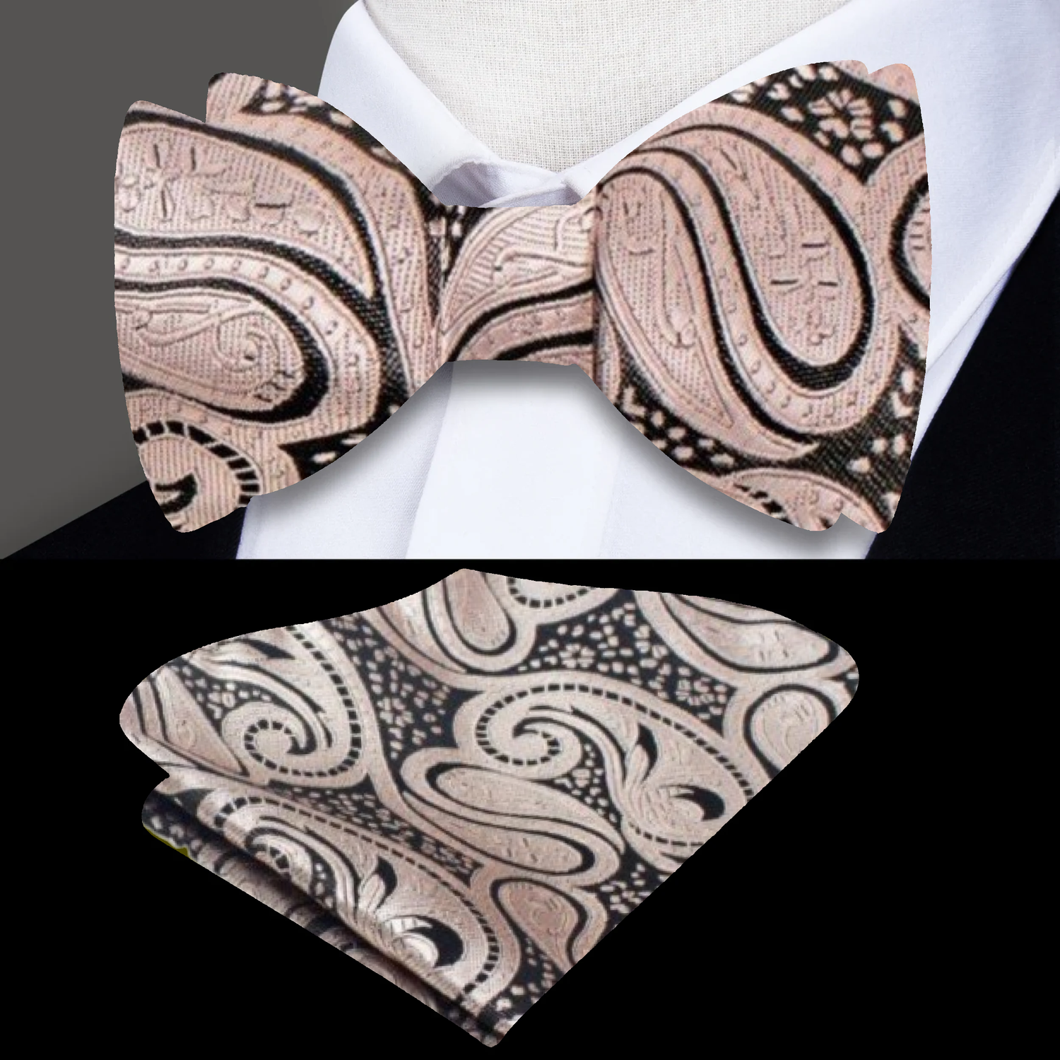 light brown, gold paisley bow tie and pocket square