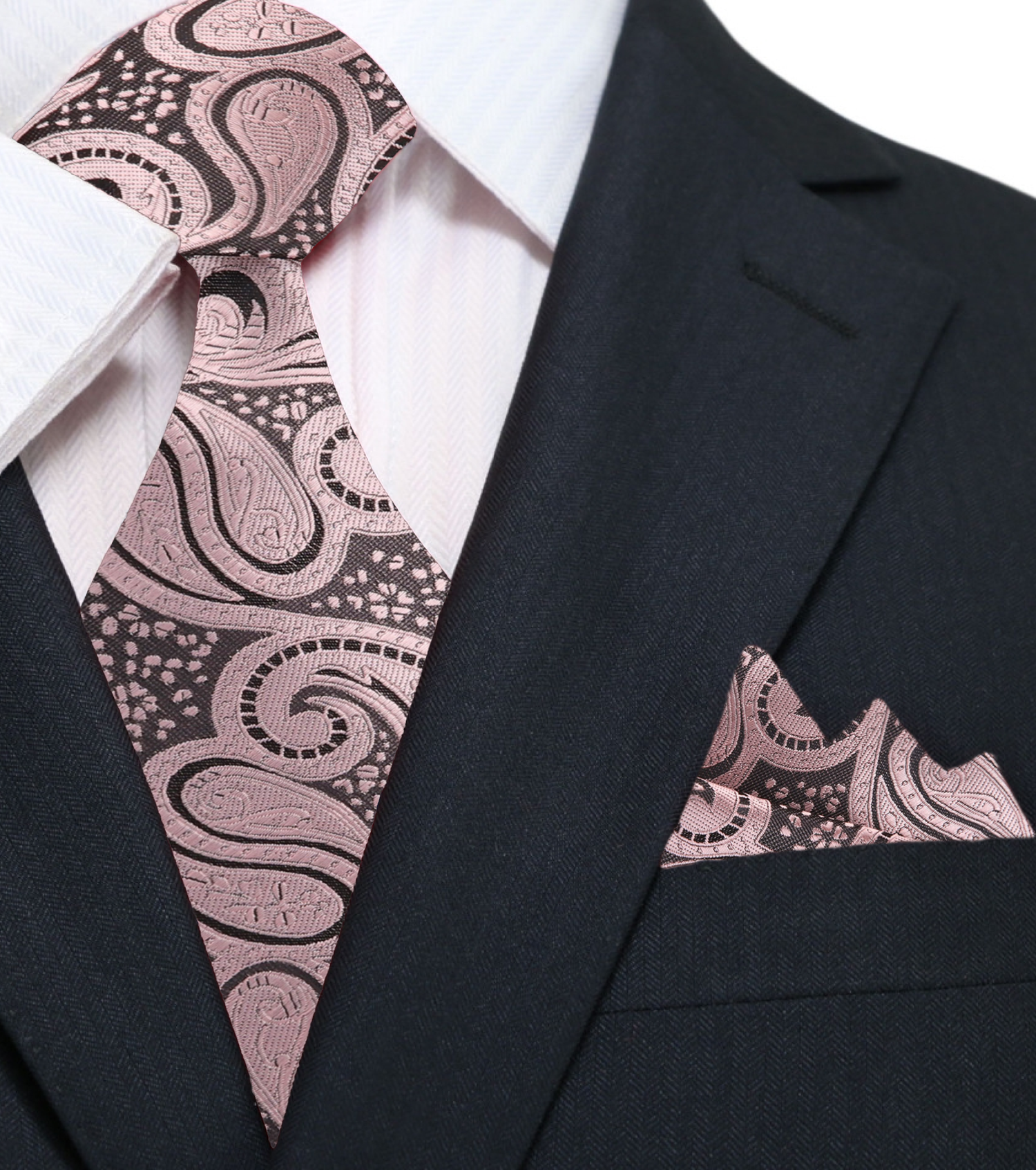 A Rose Gold And Brown Paisley Pattern Silk Necktie, Matching Pocket Square