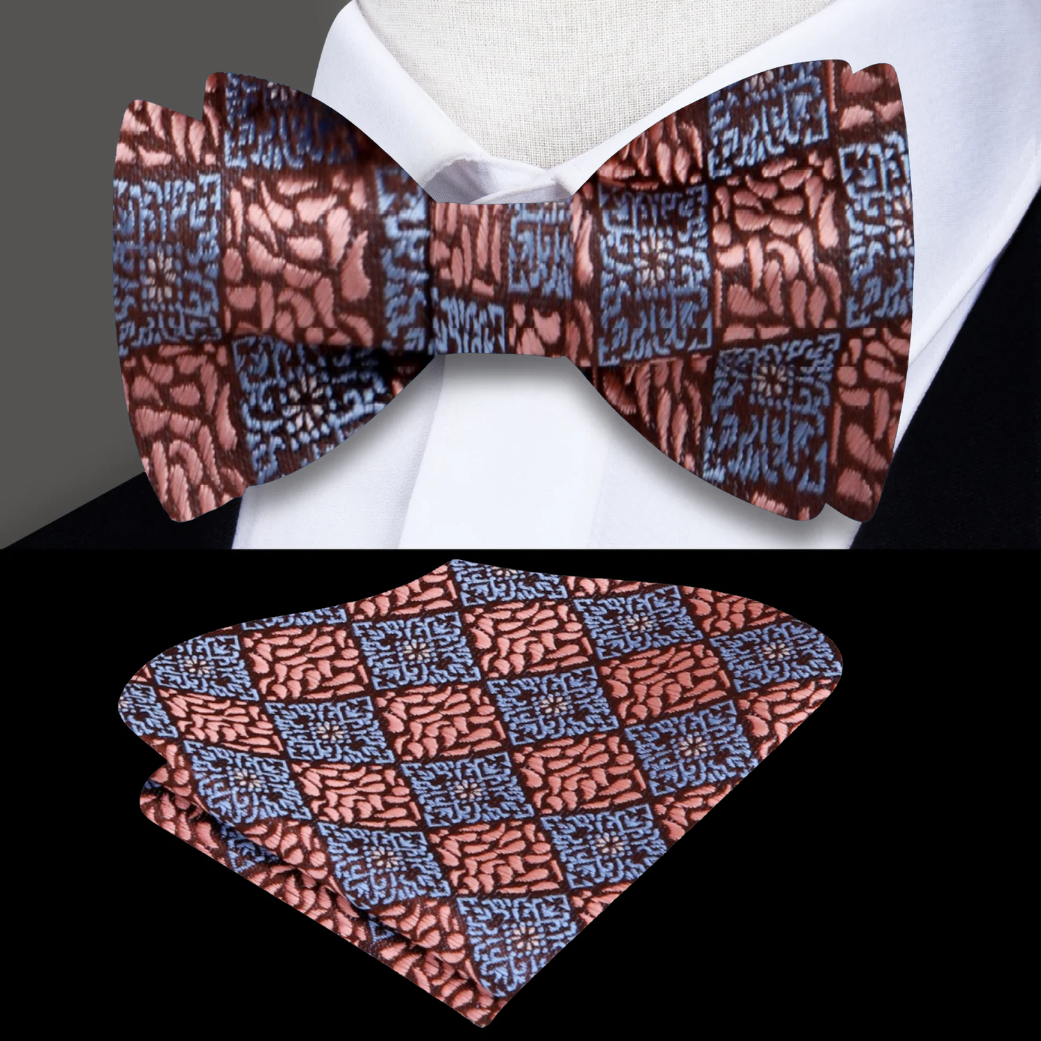 Main: Rose Gold Geometric Bow Tie and Pocket Square