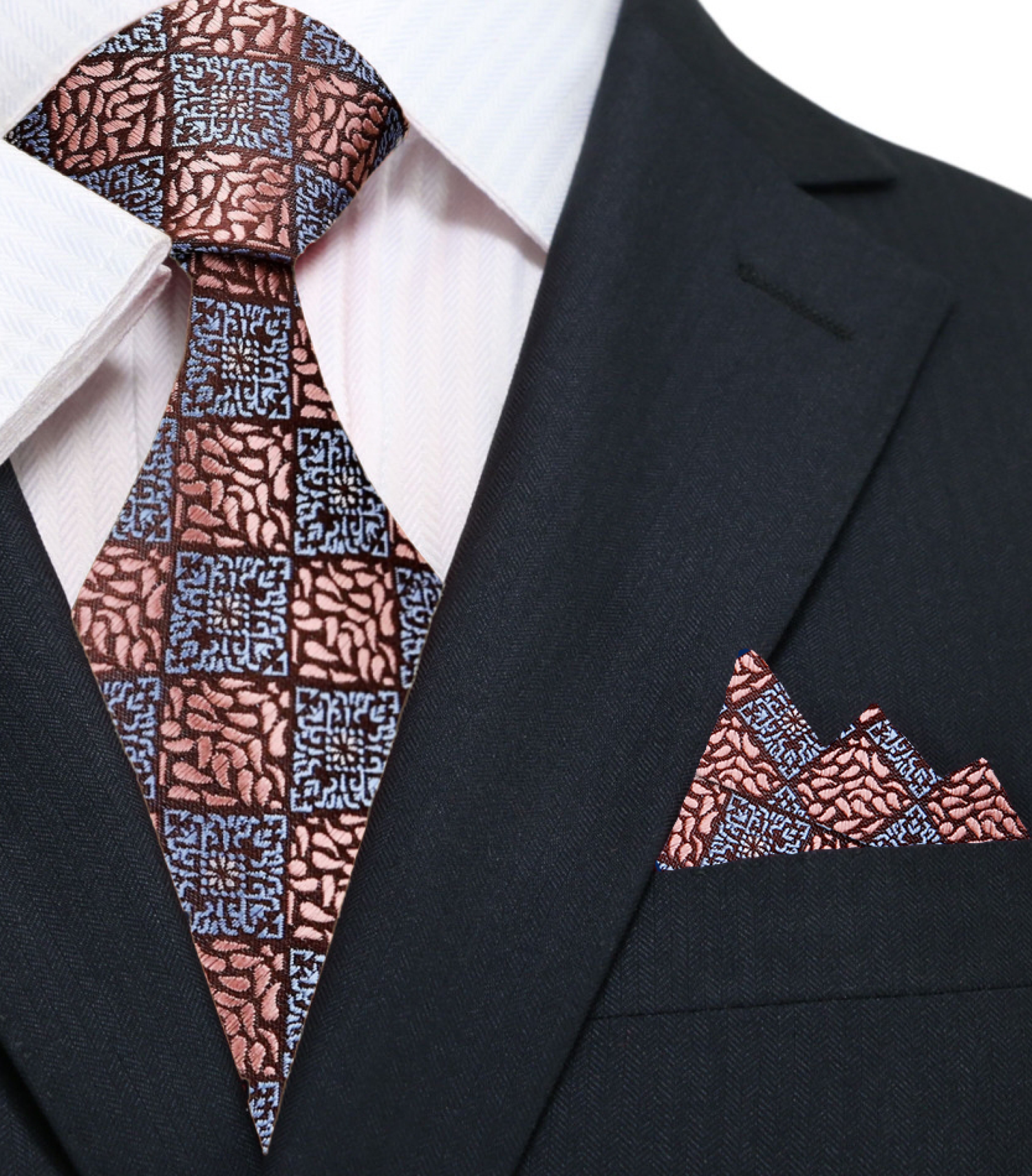 Main View: A Rose Gold And Grey Geometric With Paisley Pattern Silk Necktie, With Matching Pocket Square