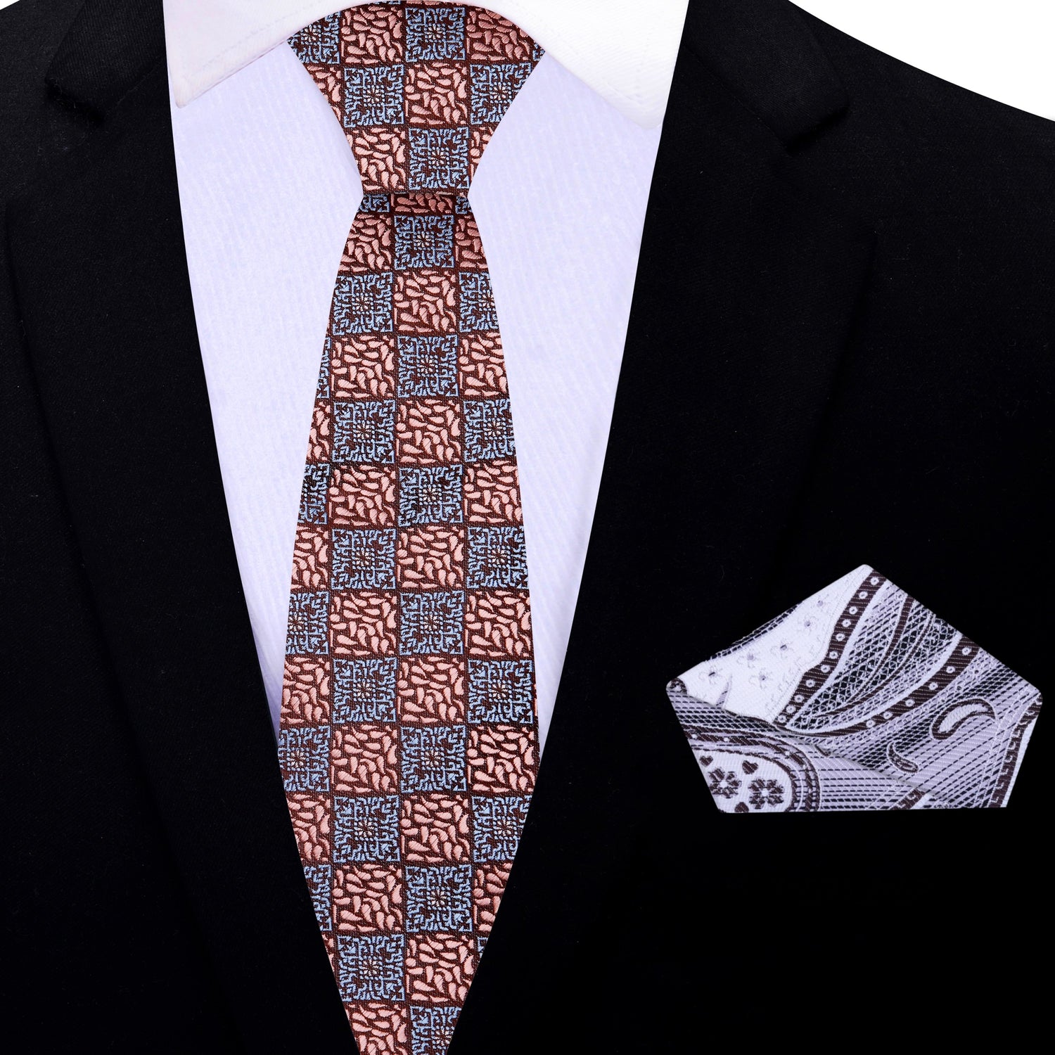 Thin Tie: Rose Gold Geometric Necktie and White, Brown Paisley Square