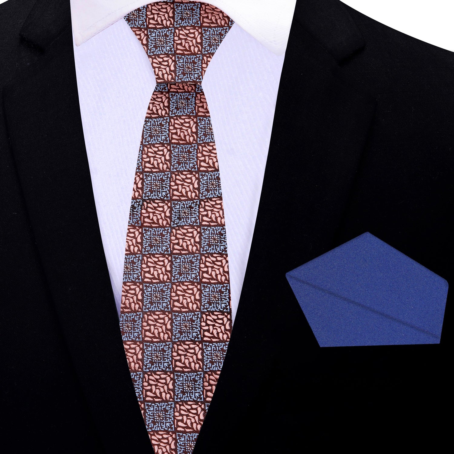 Thin Tie: Rose Gold Geometric Necktie and Blue Square