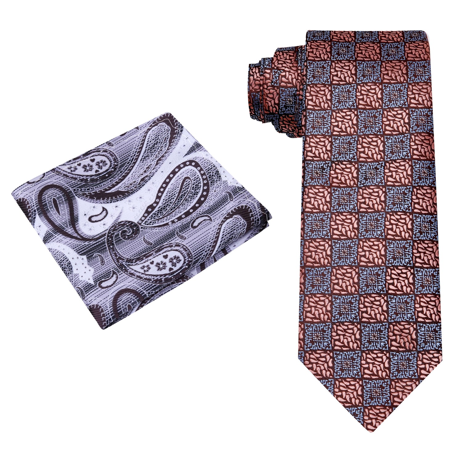 Alt View: Rose Gold Geometric Necktie and White, Brown Paisley Square