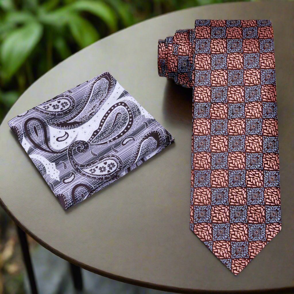 Alt View: Rose Gold Geometric Necktie and White, Brown Paisley Square