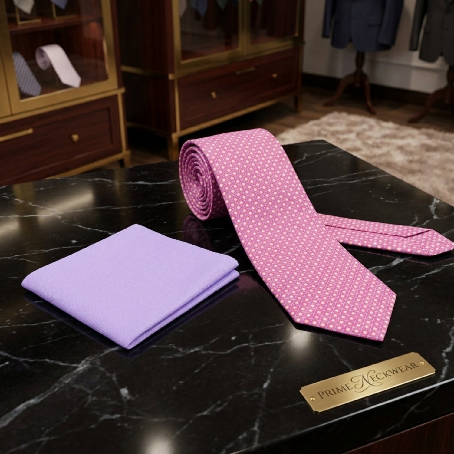 A pink necktie with small white dots is displayed on a black marble counter next to a folded lavender pocket square. A gold plaque on the counter reads 'Prime Armour'.