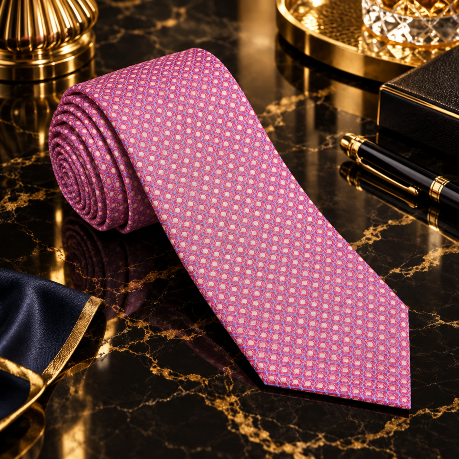 A pink and purple patterned necktie is displayed on a black and gold marble surface, styled with luxury props including a gold pen, a glass, and a dark blue ribbon.