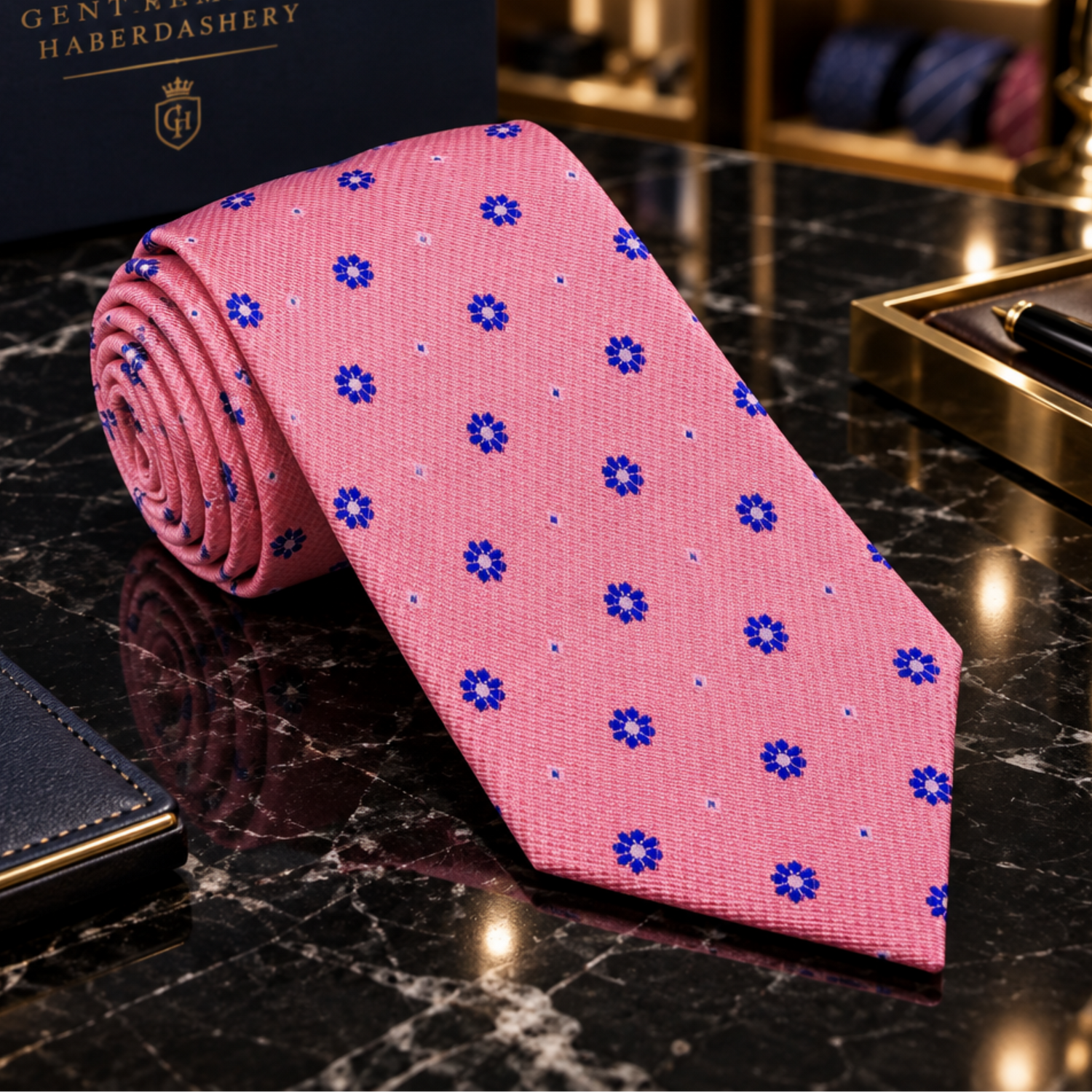 A pink necktie with a small blue and white geometric pattern, shown rolled on a light gray background.