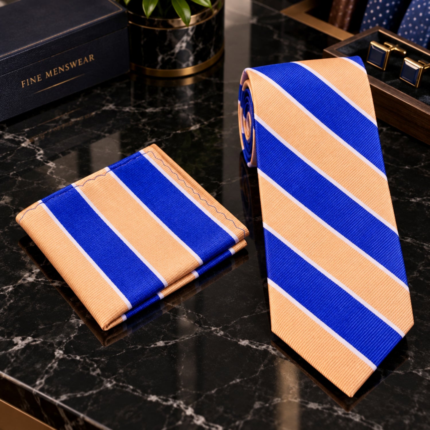 A matching necktie and pocket square set with diagonal stripes in royal blue and warm beige, separated by thin white lines, shown on a plain white background.