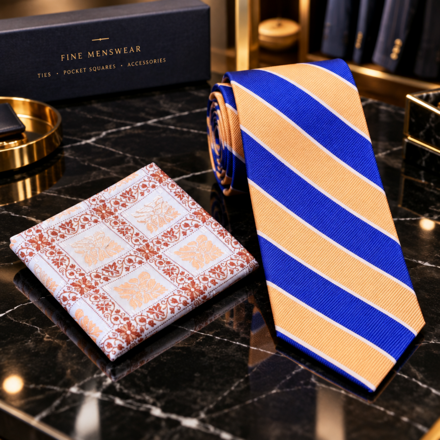 peach blue block stripe tie and accenting square
