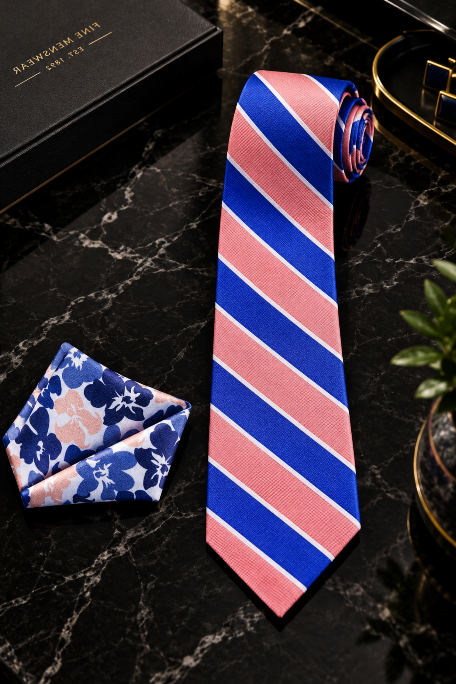 Blue orange stripe tie thin and accenting square