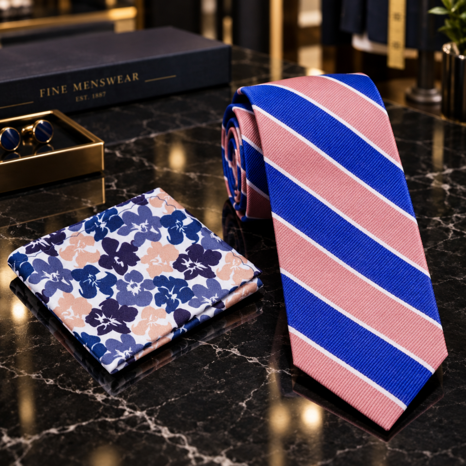 A men's necktie and matching pocket square set on a plain white background. The necktie features bold diagonal stripes in royal blue, pink, and thin white lines.