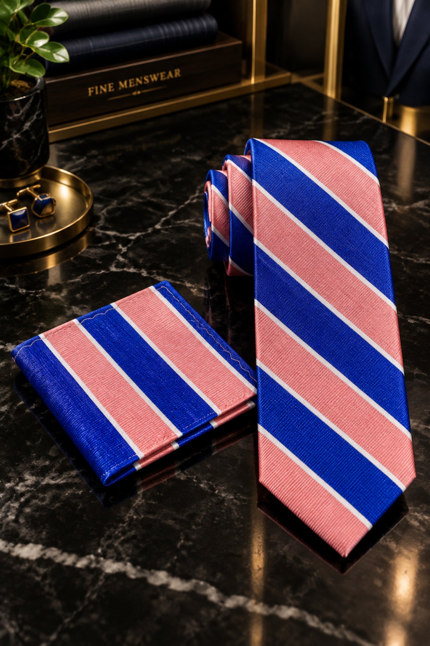 Blue orange stripe tie and square thin