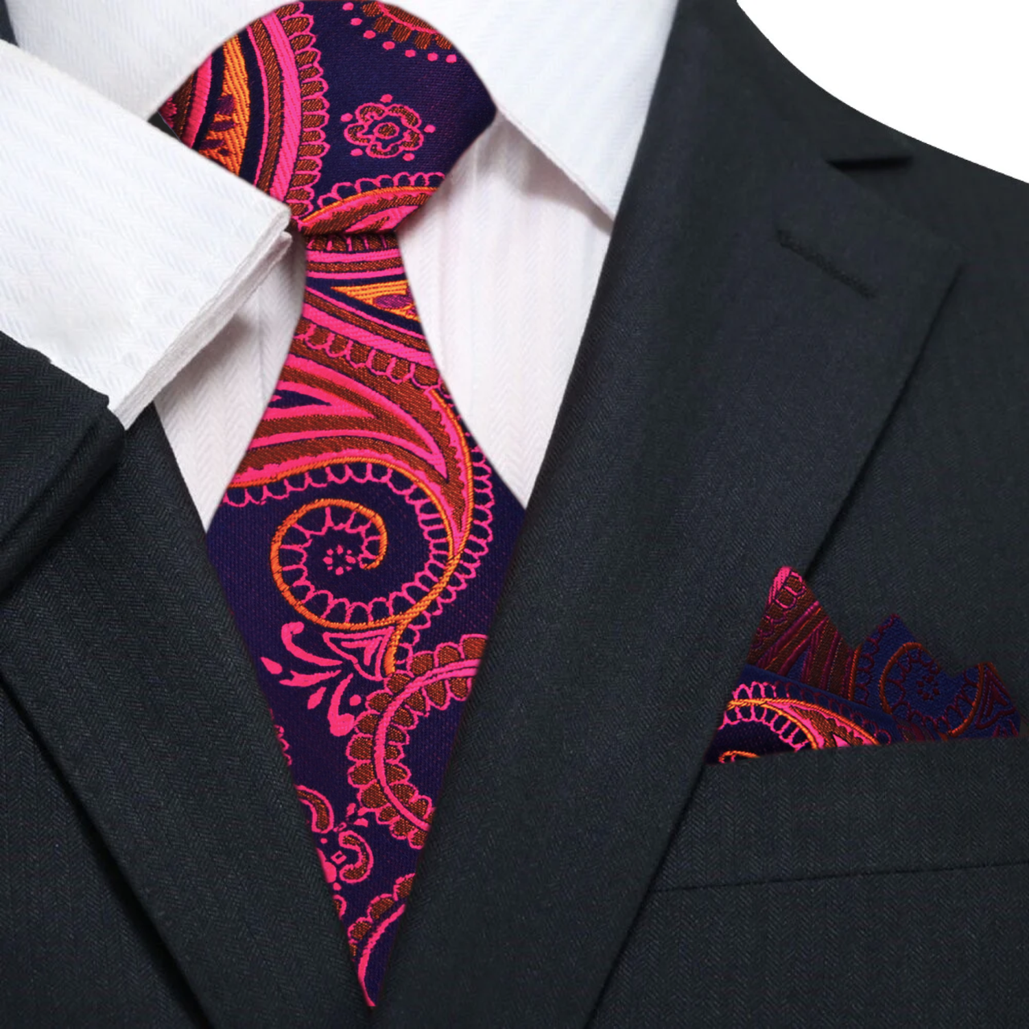 A Ruby, Orange Paisley Pattern Silk Necktie, With Matching Pocket Square