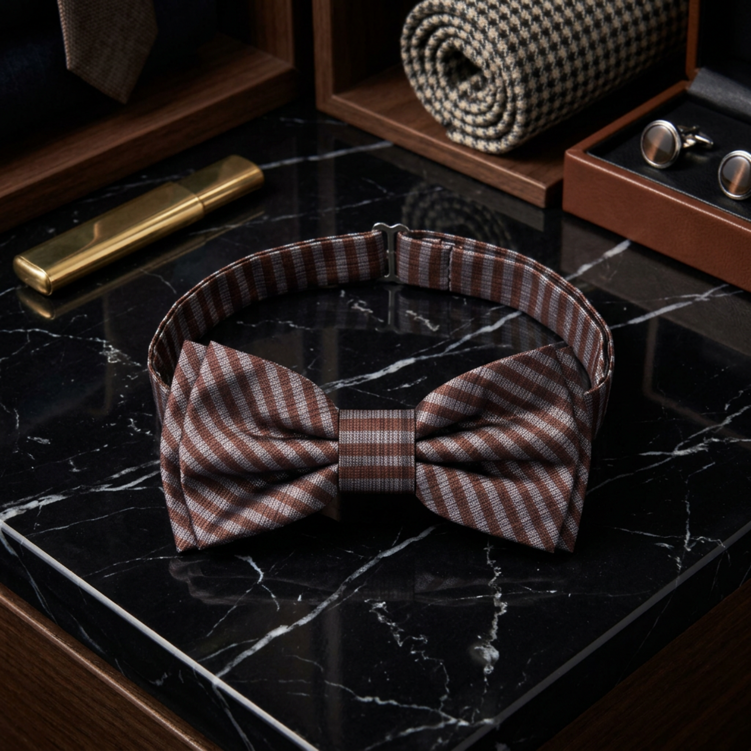 rust and grey stripe plaid bow tie  