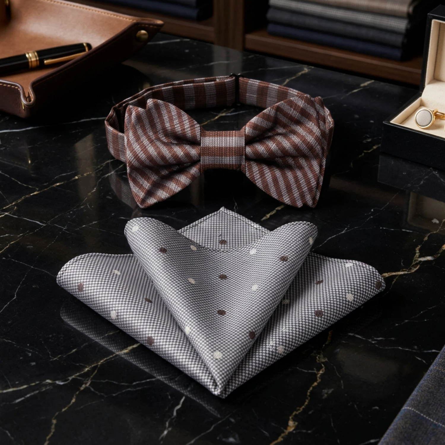 rust and grey stripe plaid bow tie and accenting square