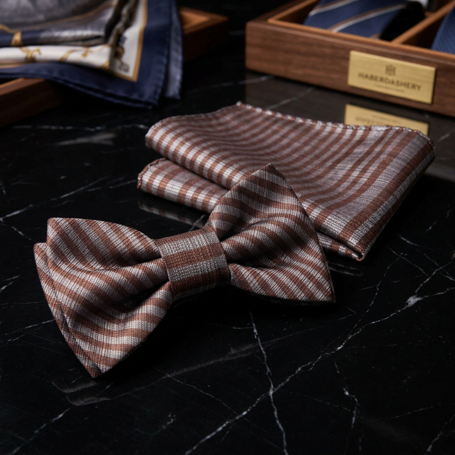 rust and grey stripe plaid bow tie and  square