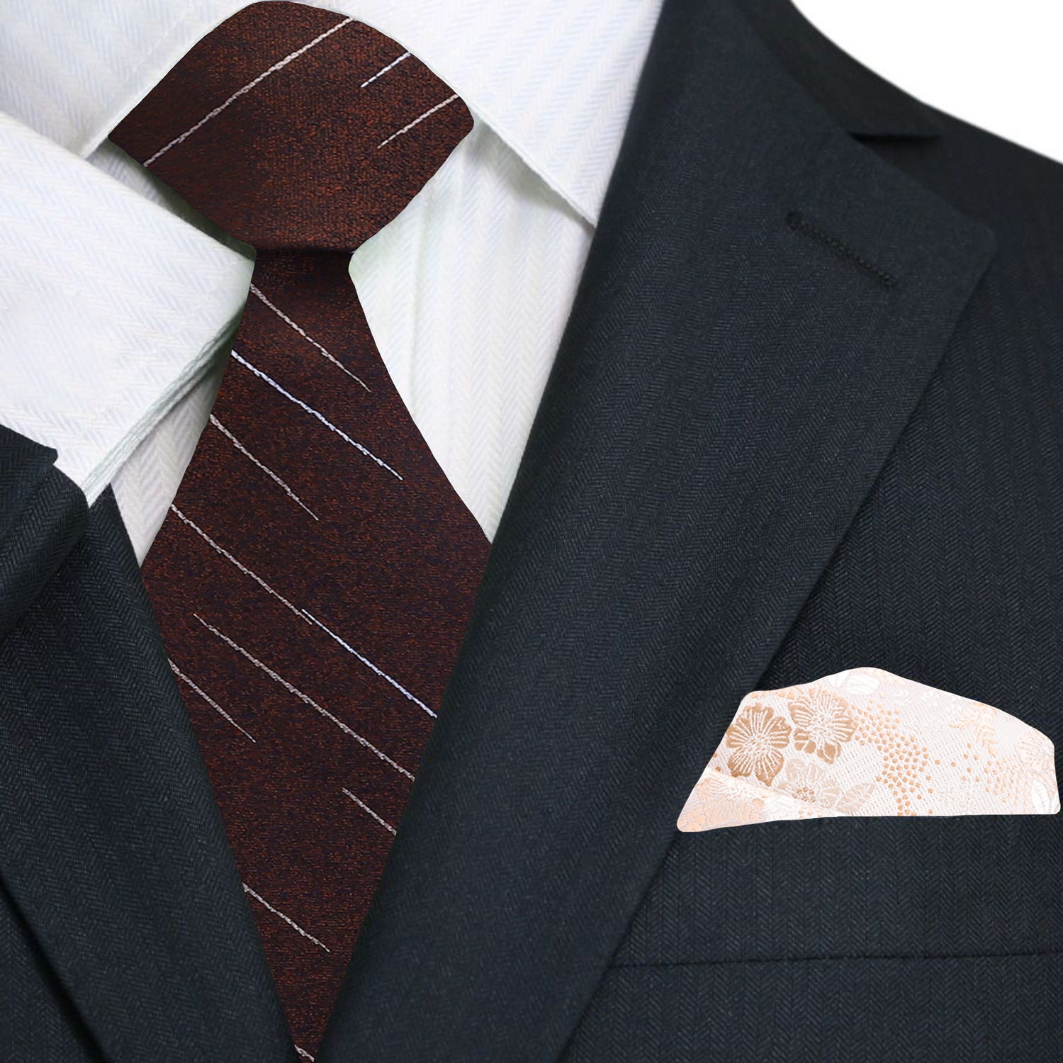 Main Brown lined necktie and accenting light brown floral square