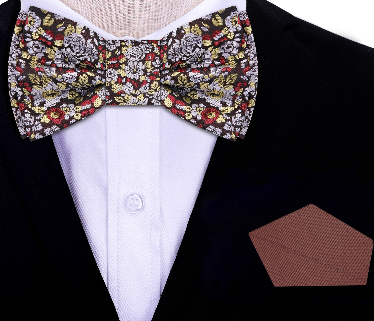 Sepia Flowers Bow Tie and Brown Square On Suit