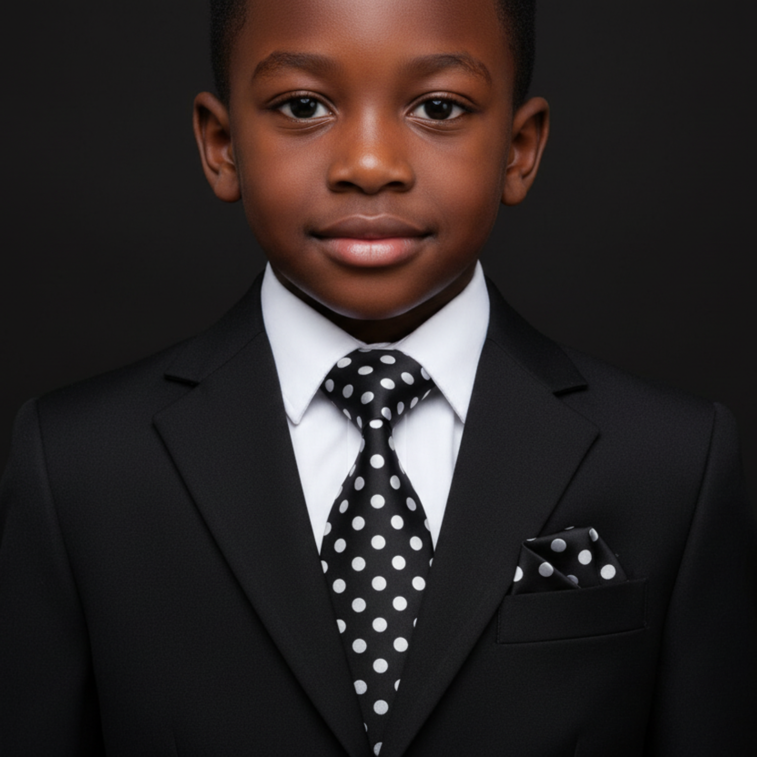 Young boy in a black suit with a polka dot tie against a dark background