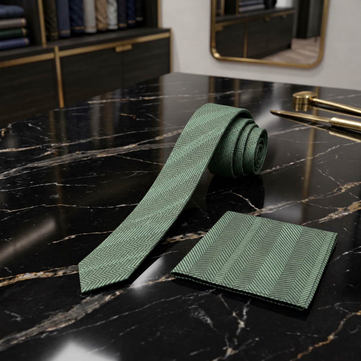 juniper Green Thin Tie and square