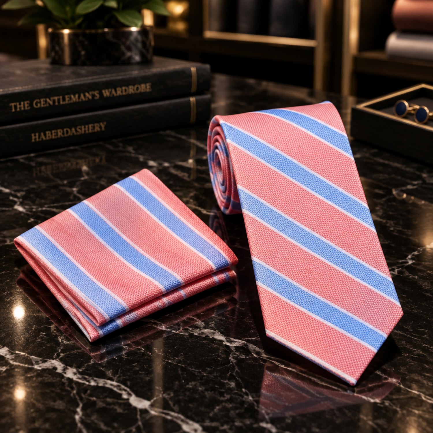 Salmon Blue Stripe Tie and square