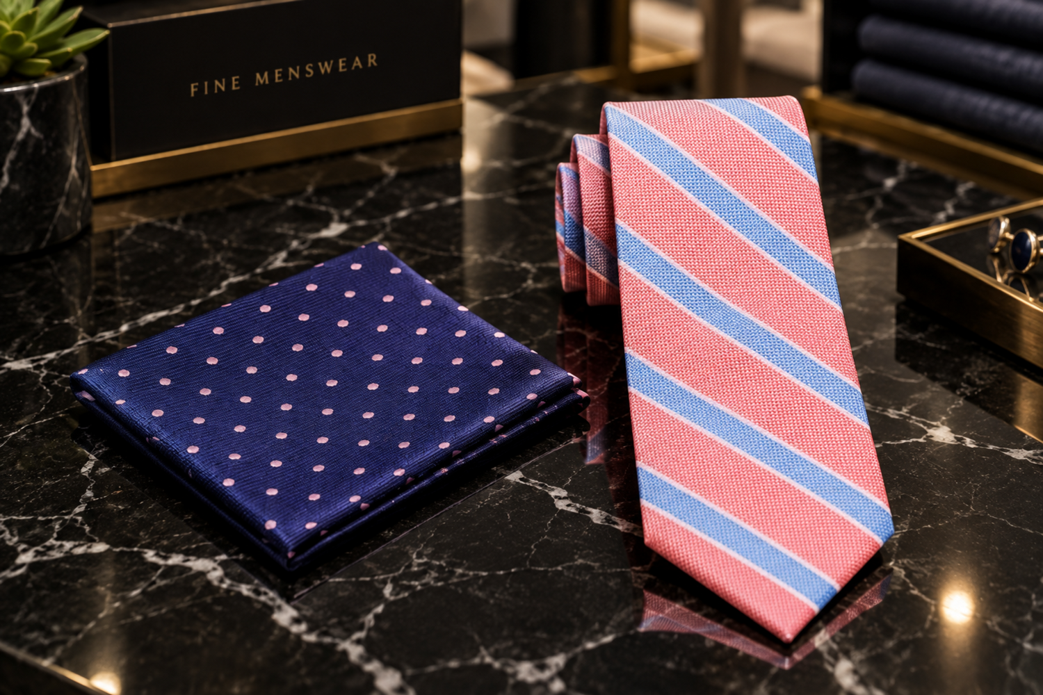 Salmon Blue Stripe Tie and accenting square