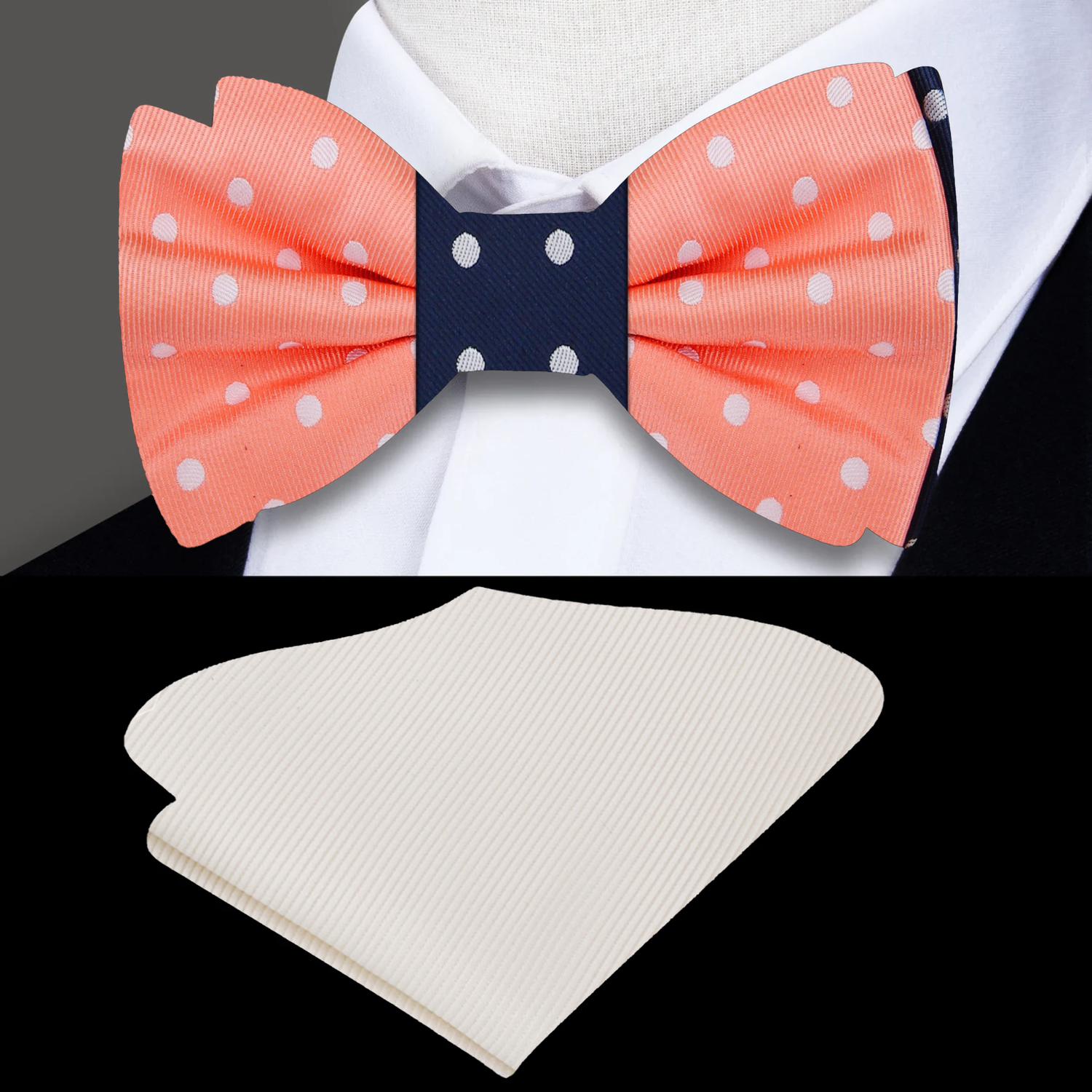 View 2: Blue, Salmon Polka Bow Tie and Off White Square